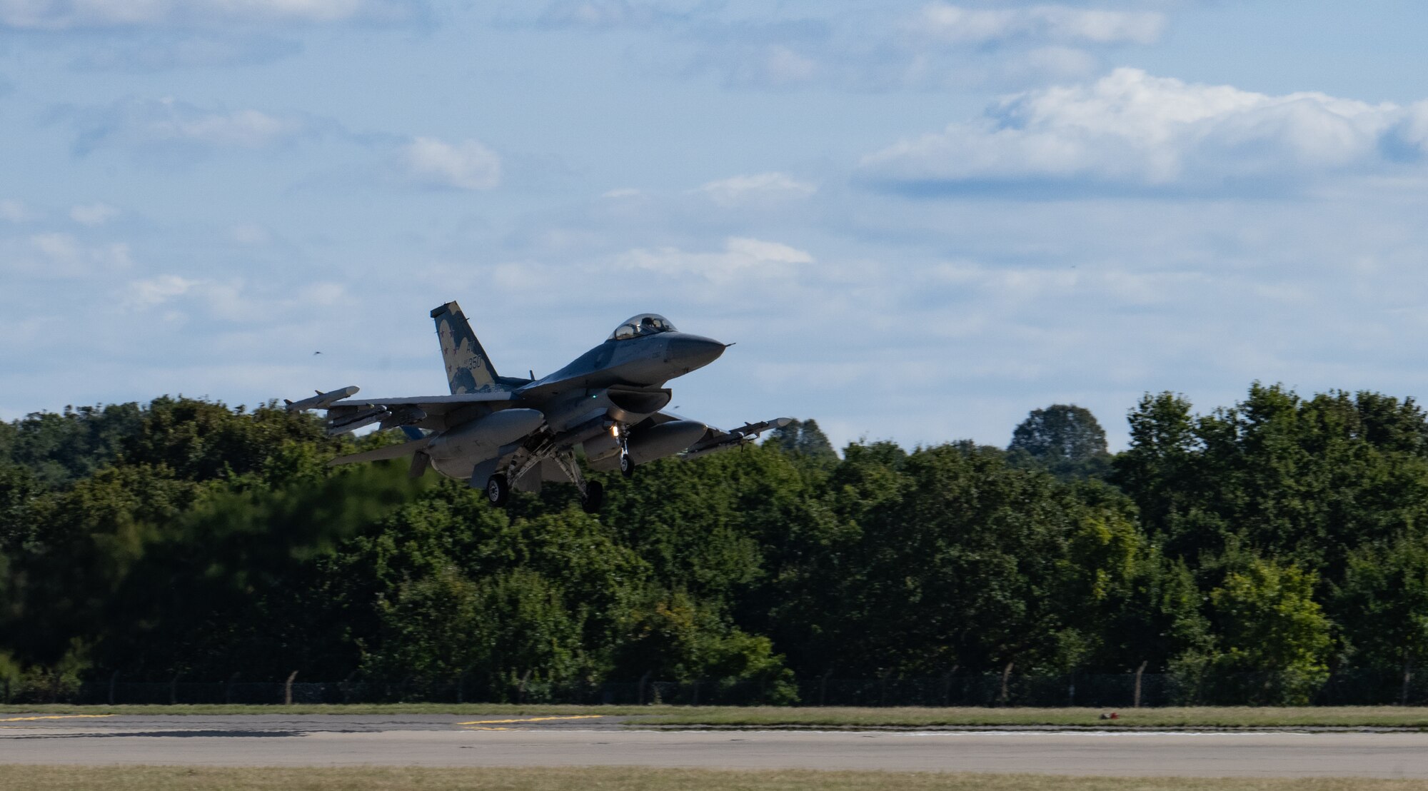 A U.S. Air Force F-16 Fighting Falcon from the 555th Fighter Squadron, Aviano Air Base, Italy, lands after a training flight during Cobra Warrior 24-2 at Royal Air Force Mildenhall, England, Sept. 16, 2024.
