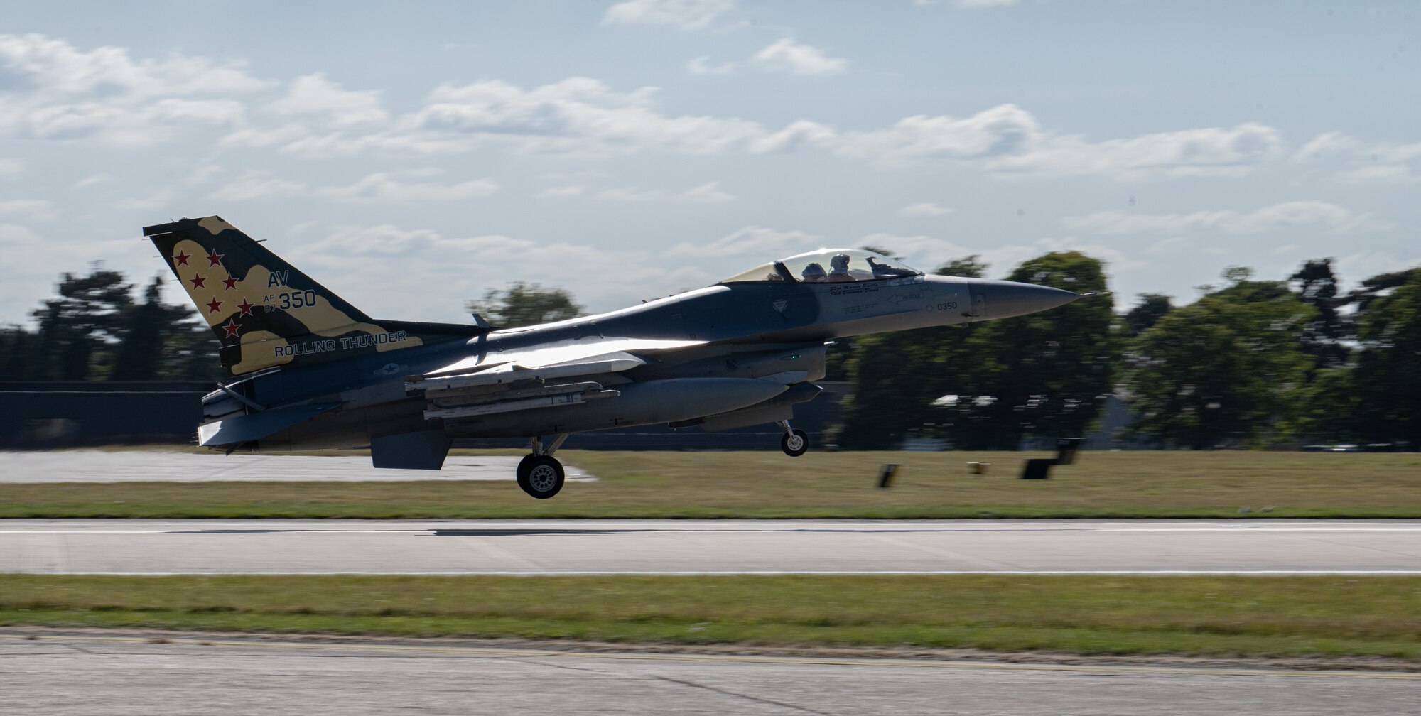 A U.S. Air Force F-16 Fighting Falcon from the 555th Fighter Squadron, Aviano Air Base, Italy, lands after a training flight during Cobra Warrior 24-2 at Royal Air Force Mildenhall, England, Sept. 16, 2024.