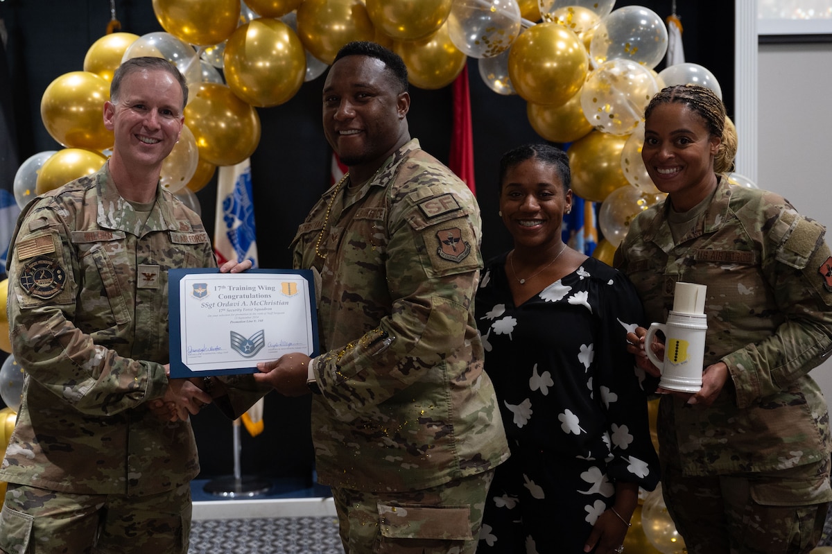 U.S. Air Force Senior Airman Ordavi McChristian, 17th Security Forces Squadron, receives his certificate at the Staff Sergeant Release Party at the Powell Event Center, Goodfellow Air Force Base, Texas, Sept. 16, 2024. Staff sergeants are the backbone of the Air Force as the first rank of noncommissioned officers and the frontline supervisors who develop their subordinates, develop themselves further, and ensure proper use of resources under their control. (U.S. Air Force photo by Airman 1st Class Brian Lummus)