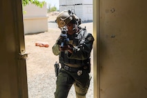U.S. Air Force Airman 1st Class Janae Whaley, 9th Security Forces Squadron Tactical Response Team (TRT), performs a breach and clear during training at Beale Air Force Base, California, Aug. 27, 2024.