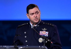 Chief of Space Operations Gen. Chance Saltzman delivers a keynote address at the Air and Space Forces Association’s Air, Space and Cyber Conference, National Harbor, Md., Sept 17, 2024. The technology exposition brings together Air Force leadership, industry experts, academia as well as aerospace and cyberspace specialists from around the world to discuss the issues and challenges facing America today. (U.S. Air Force photo by Andy Morataya)