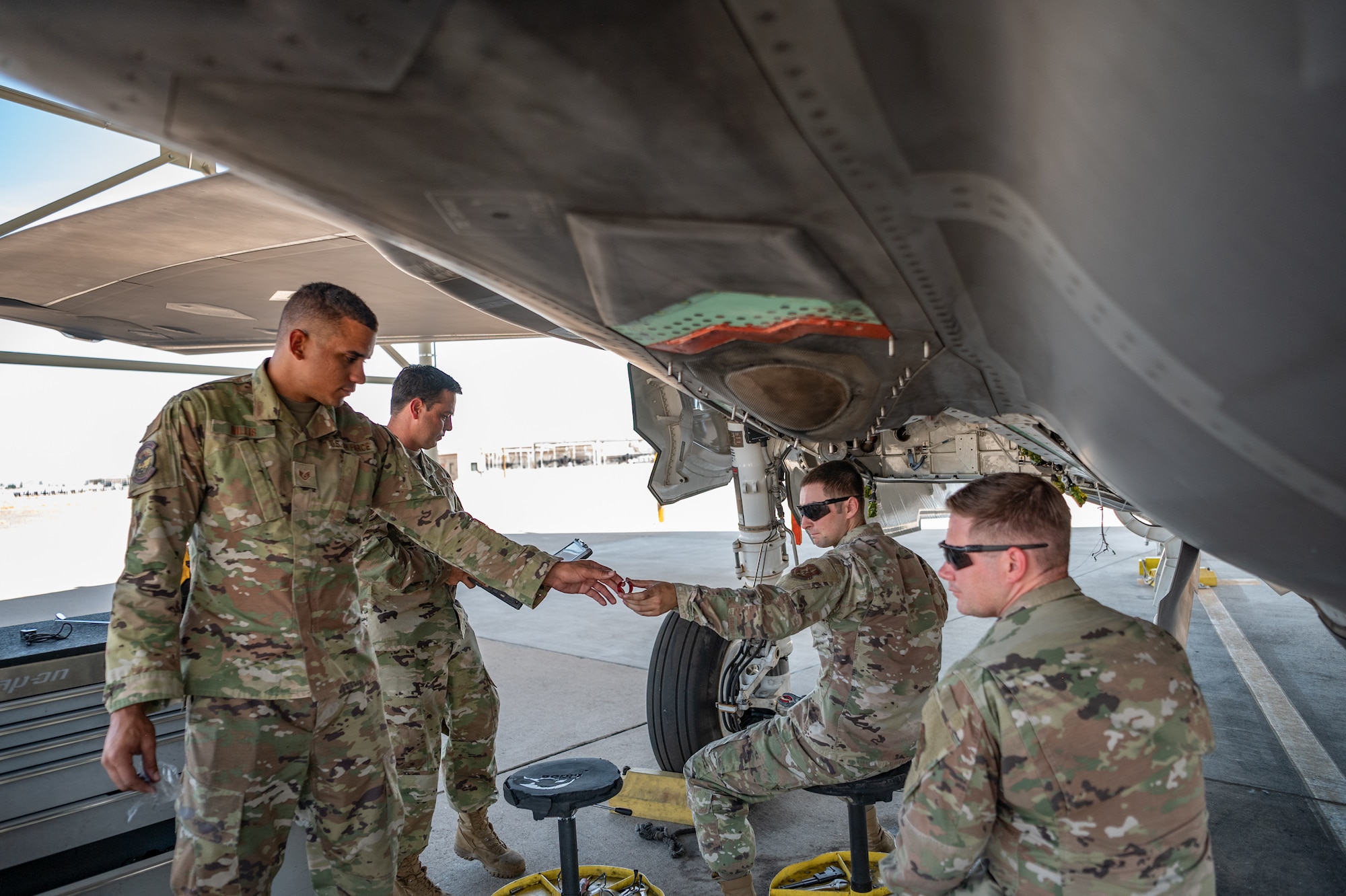 A Reserve Citizen Airman of the 944th Maintenance Group checks a critical component during F-35 maintenance at Luke Air Force Base, Ariz., Sept. 8, 2024. Avionics specialists play a vital role in keeping jets mission-ready despite the challenging desert environment. (U.S. Air Force photo by Tech. Sgt. Tyler J. Bolken)