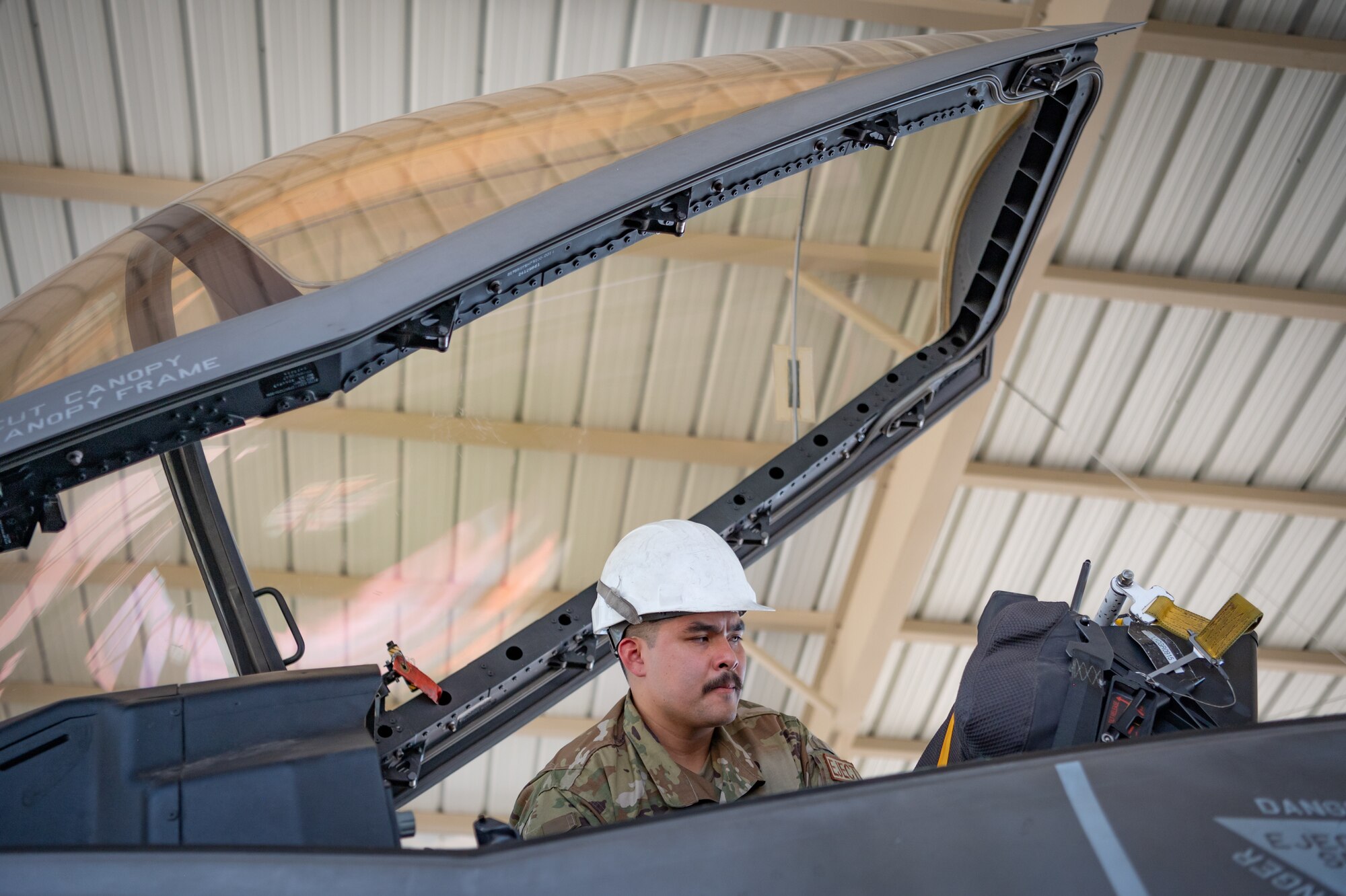 A Reserve Citizen Airman from the 944th Maintenance Group works inside the canopy of an F-35 fighter jet at Luke Air Force Base, Ariz., Sept. 8, 2024. The maintainers perform detailed inspections to guarantee mission readiness. (U.S. Air Force photo by Tech. Sgt. Tyler J. Bolken)