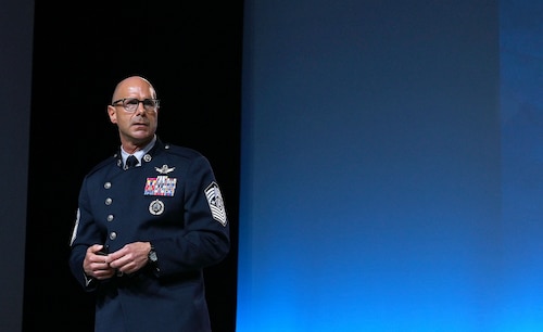 Chief Master Sgt. of the Space Force John F. Bentivegna gives a keynote address at the Air and Space Forces Association’s Air, Space & Cyber Conference, National Harbor, Md., Sept 17, 2024. The technology exposition brings together Air Force leadership, industry experts, academia as well as aerospace and cyberspace specialists from around the world to discuss the issues and challenges facing America today. (U.S. Air Force photo by Chad Trujillo)