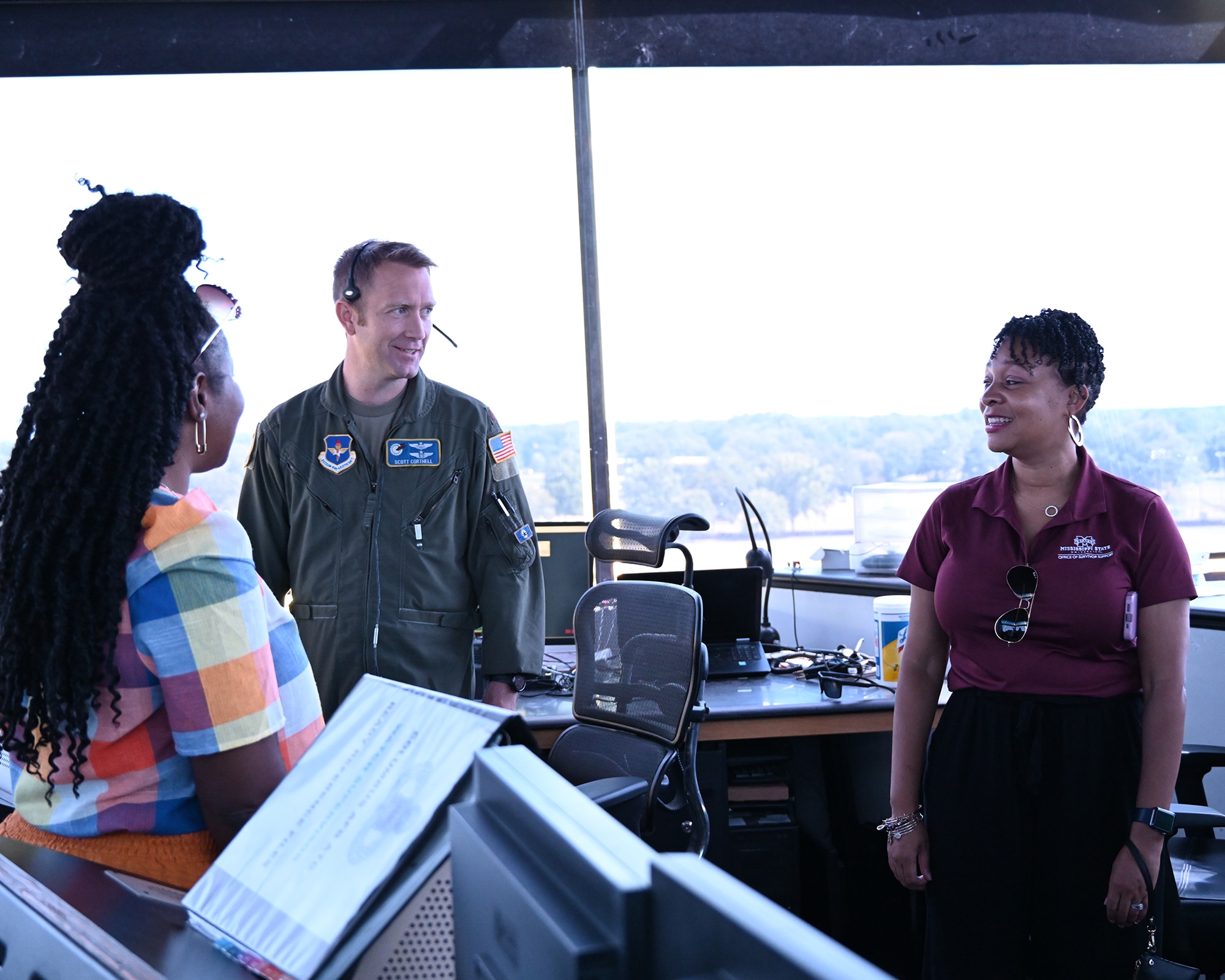 MSU staff of the Mississippi State University Office of Survivor Support visit the 14FTW RAPCON Air Traffic Control tower.