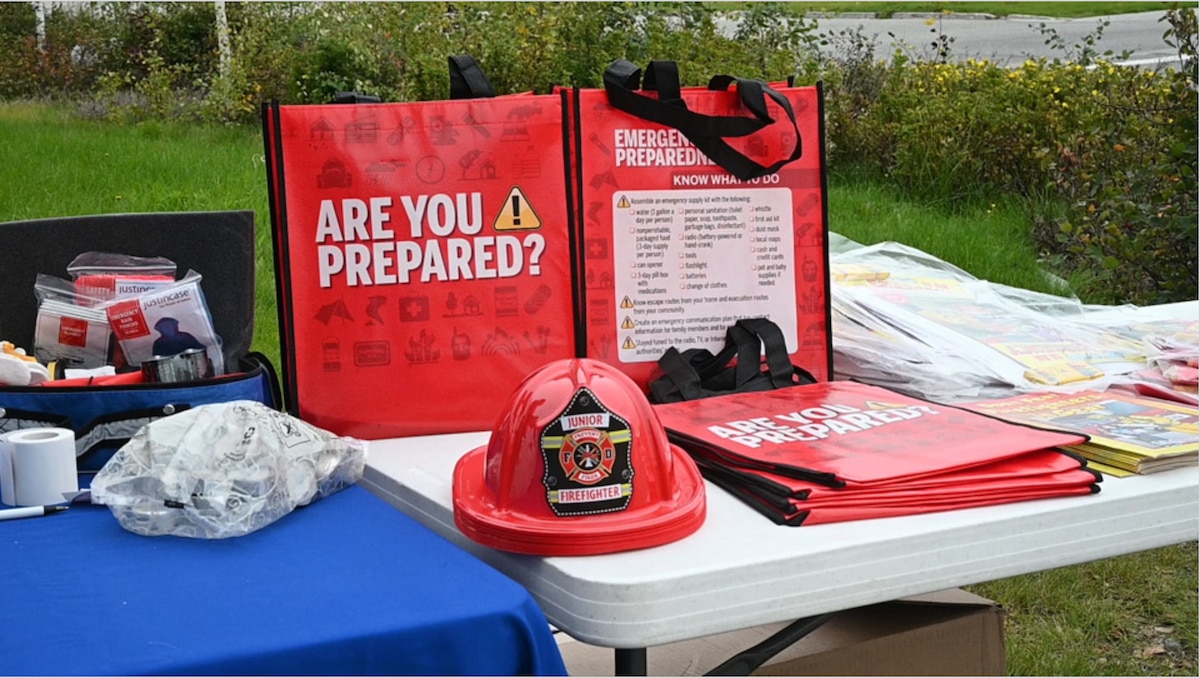 National Preparedness Month information is displayed on a “Be Ready” booth at Eielson Air Force Base, Alaska, Sep. 12, 2024. Throughout the month of September, different units and local entities will highlight how to prepare for separate crises and disasters that are specific to living in Alaska, such as fires, flooding, earthquakes and winter weather hazards. (U.S. Air Force photo by Airman 1st Class Spencer Hanson)