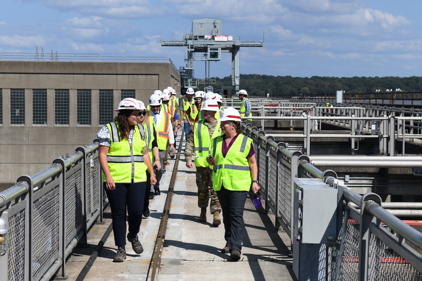 U.S. Army Corps of Engineers Nashville District officials lead a tour for U.S. Army Engineer Research and Development Center (ERDC) Board of Directors across the spillway at Barkley Dam in Grand Rivers, Ky. during a visit on Sept. 23, 2024. The visit aimed to explore opportunities for innovation and collaboration between ERDC and USACE Nashville District at key projects.