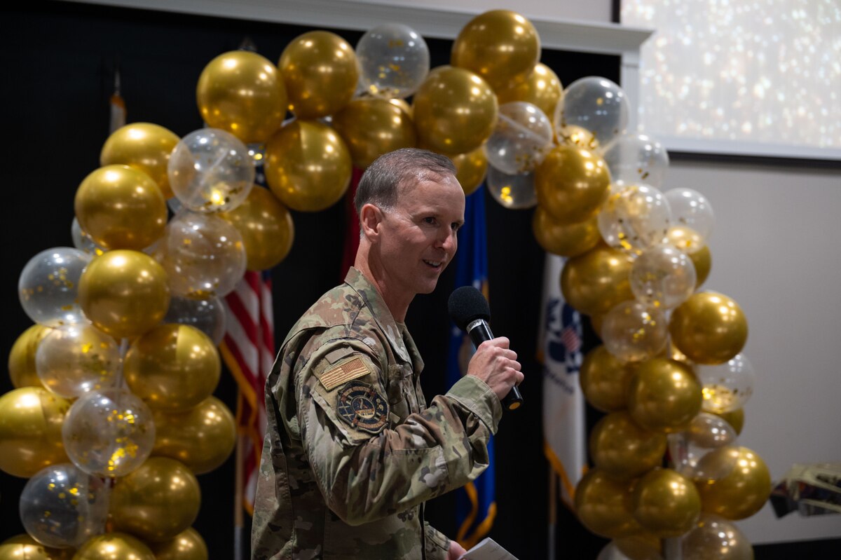 U.S. Air Force Col. Thomas Wilson, 17th Training Wing deputy commander, speaks to the staff sergeant selects during the Staff Sergeant  Release Party at the Powell Event Center, Goodfellow Air Force Base, Texas, Sept. 13, 2024. Wilson congratulated the future staff sergeants on their accomplishments and offered advice to prepare them for their future roles. (U.S. Air Force photo by Airman 1st Class Brian Lummus)