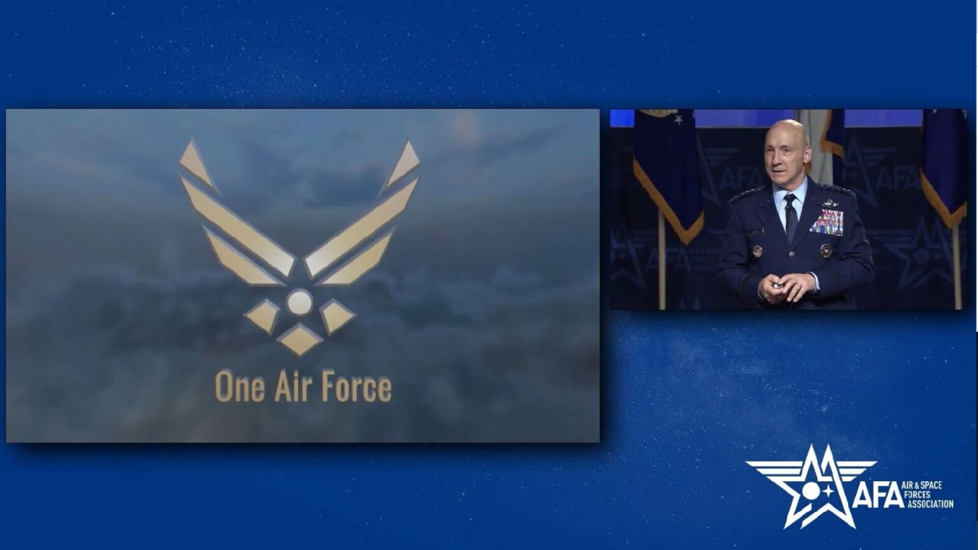 A man in dress military uniform is projected in a small window on a screen. To the left of him is a logo that reads “One Air Force.”