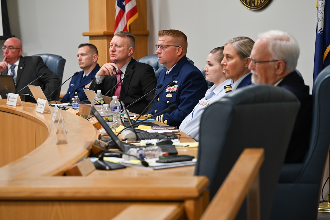 The U.S. Coast Guard Marine Board of Investigation listens to witness testimony at the Titan submersible hearing in North Charleston, South Carolina, on Sept. 16, 2024. The hearing examines all aspects of the loss of the Titan, including pre-accident historical events, regulatory compliance, crewmember duties and qualifications, mechanical and structural systems, emergency response, and the submersible industry.