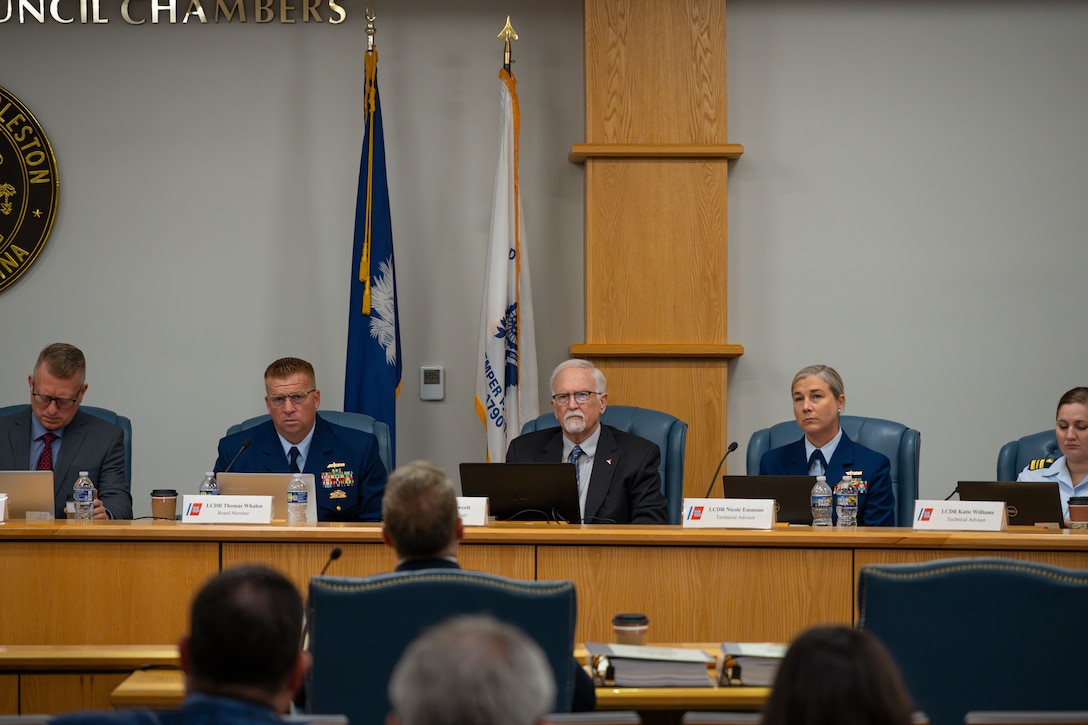 The U.S. Coast Guard Marine Board of Investigation listens to witness testimony at the Titan submersible hearing in North Charleston, South Carolina, on Sept. 17, 2024. The hearing examines all aspects of the loss of the Titan, including pre-accident historical events, regulatory compliance, crewmember duties and qualifications, mechanical and structural systems, emergency response, and the submersible industry.