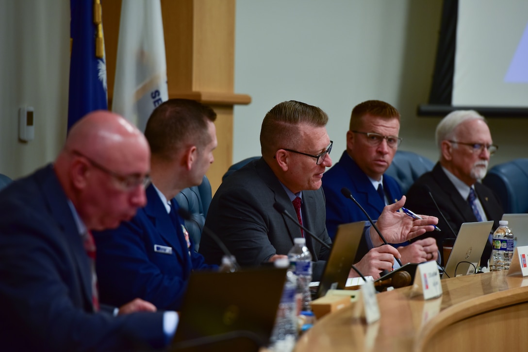 Jason Neubauer, U.S. Coast Guard Marine Board of Investigation (MBI) chair, asks questions during witness testimony for the Titan submersible hearing in North Charleston, South Carolina, on Sept. 17, 2024. The MBI is tasked with examining the causes of marine casualties and making recommendations to improve maritime safety.