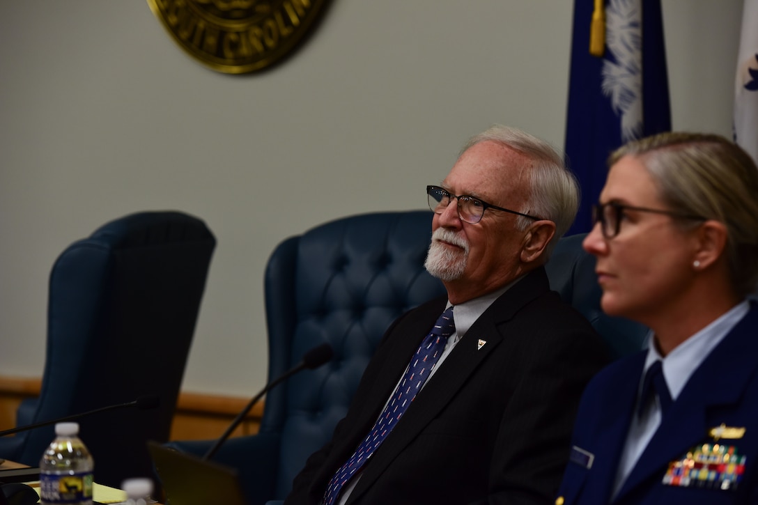 Keith Fawcett, U.S. Coast Guard Marine Board of Investigation technical advisor, listens to fellow board members during the Titan submersible hearing in North Charleston, South Carolina, on Sept. 17, 2024. The MBI, the highest level of marine casualty investigation conducted by the Coast Guard, is tasked with examining the causes of the casualty and making recommendations to improve maritime safety.