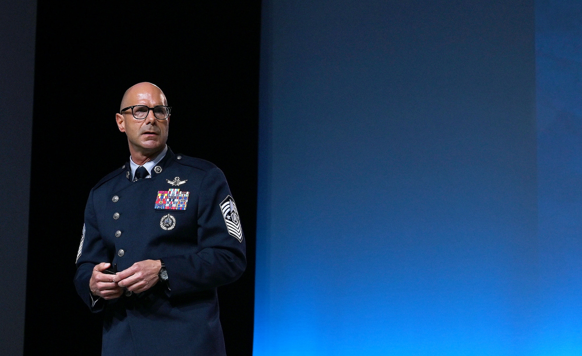 Chief Master Sgt. of the Space Force John F. Bentivegna gives a keynote address at the Air and Space Forces Association’s Air, Space & Cyber Conference, National Harbor, Md., Sept 17, 2024. The technology exposition brings together Air Force leadership, industry experts, academia as well as aerospace and cyberspace specialists from around the world to discuss the issues and challenges facing America today. (U.S. Air Force photo by Chad Trujillo)
