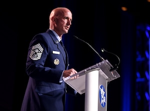 Chief Master Sgt. of the Air Force David Flosi delivers his keynote at the Air and Space Forces Association’s Air, Space & Cyber Conference, National Harbor, Md., Sept 16, 2024. The technology exposition brings together Air Force leadership, industry experts, academia as well as aerospace and cyberspace specialists from around the world to discuss the issues and challenges facing America today. (U.S. Air Force photo by Andy Morataya)