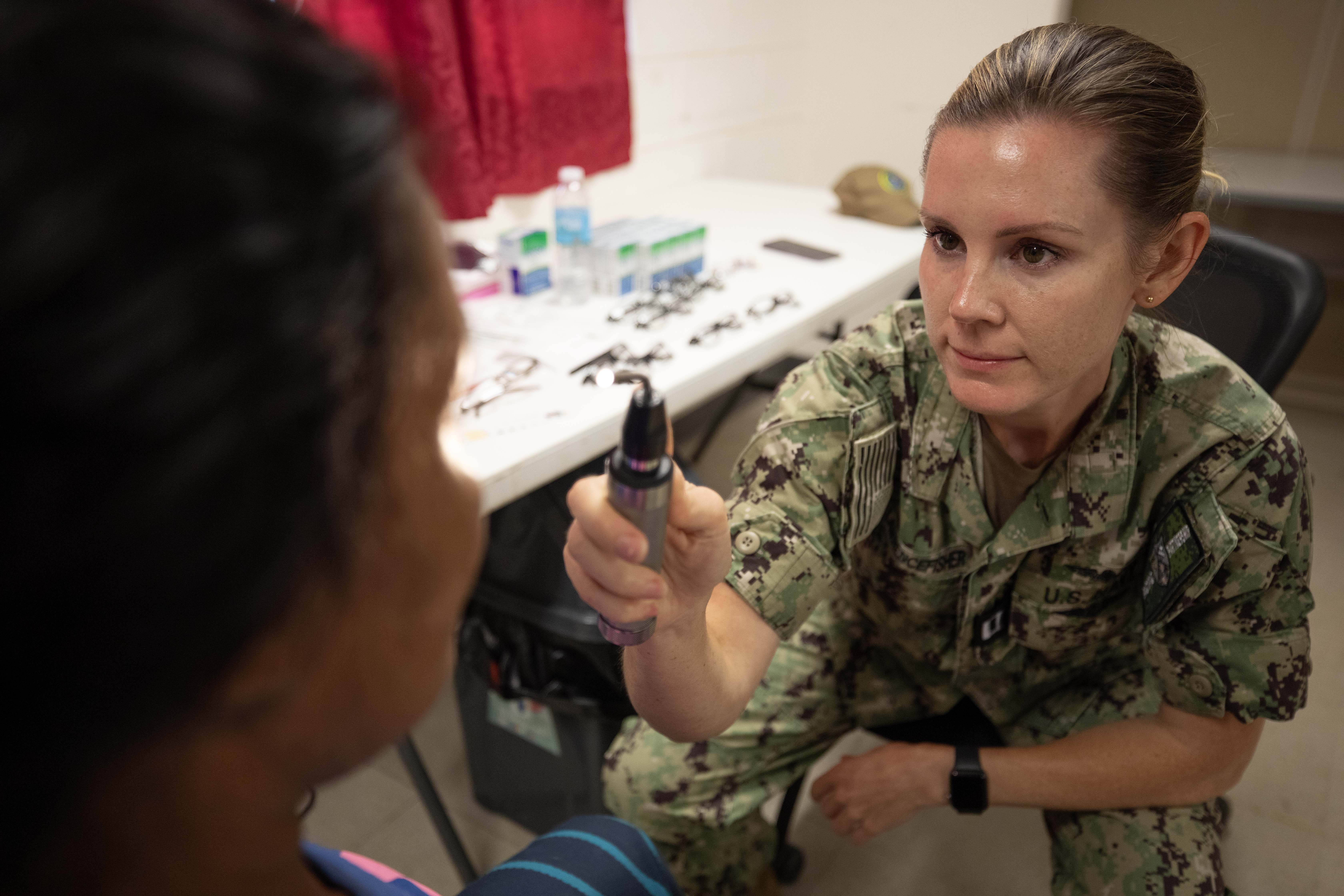 YAP, Federated States of Micronesia (Sept. 9, 2024) – U.S. Navy Lt. Cory Lawrence-Fisher, of Eugene, Oreg., an aerospace optometrist, checks the eyesight of a patient for glasses in support of the Pacific Partnership 2024-2 medical line of effort at Yap State Hospital, Yap, Federated States of Micronesia, Sept. 9, 2024. Now in its 20th iteration, the Pacific Partnership series is the U.S. Navy’s largest annual multinational humanitarian assistance and disaster relief preparedness mission conducted in the Indo-Pacific. Pacific Partnership works collaboratively with host and partner nations to enhance regional interoperability and disaster response capabilities, increase security and stability in the region, and foster new and enduring friendships in the Indo-Pacific. (U.S. Navy photo by Mass Communication Specialist 1st Class Ryan D. McLearnon/Released)