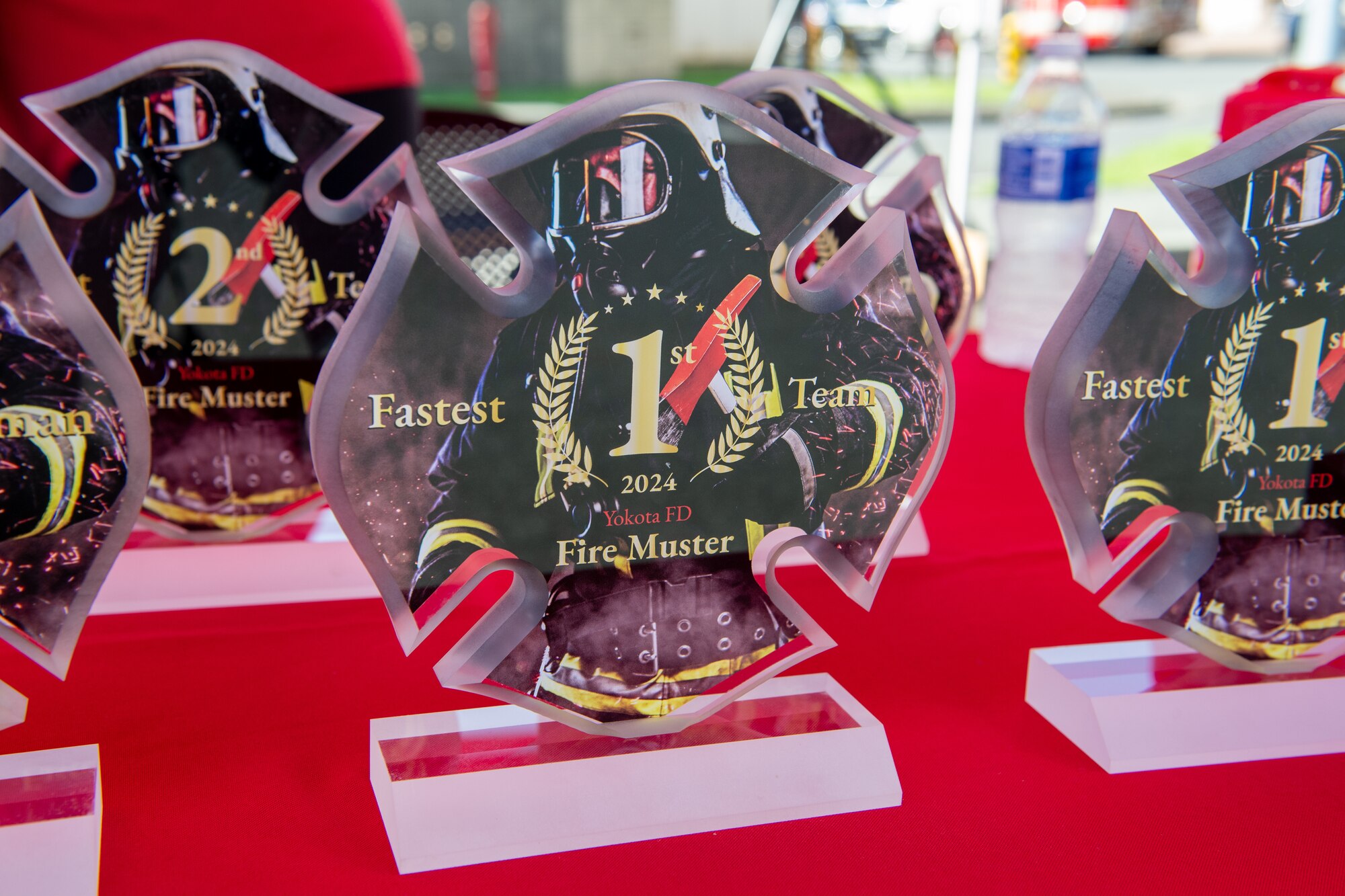 Awards are displayed on a table for Fire Prevention Week