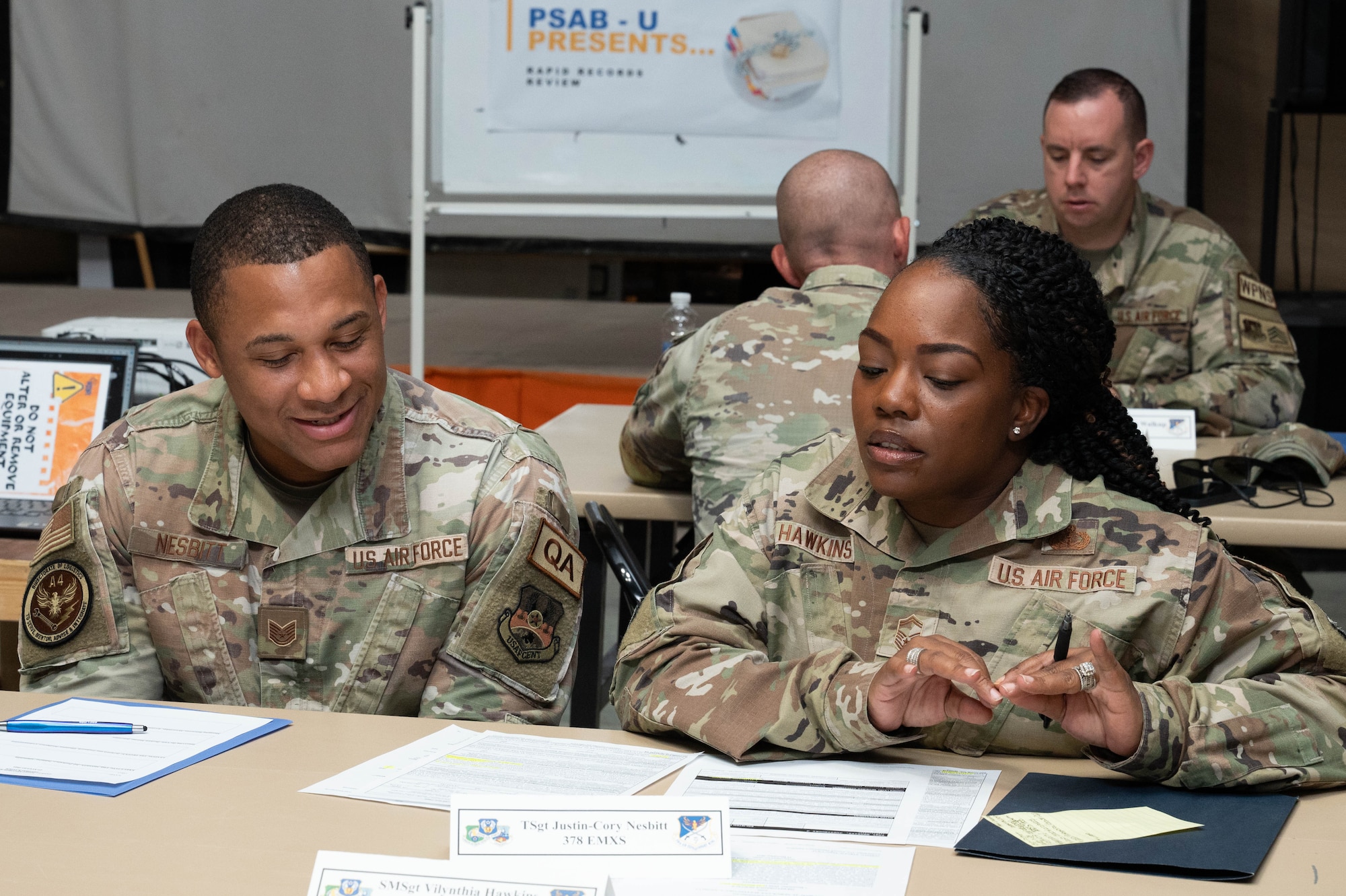 A U.S. Air Force noncommissioned officer receives feedback from Senior NCO during the wing’s first-ever peer-led records review focused on developing noncommissioned officers within the U.S. Central Command area of responsibility, August 29, 2024. NCOs who participated were able to share what they learned with their wingmen, furthering career development knowledge across all levels in the Air Force. (U.S. Air Force photo)