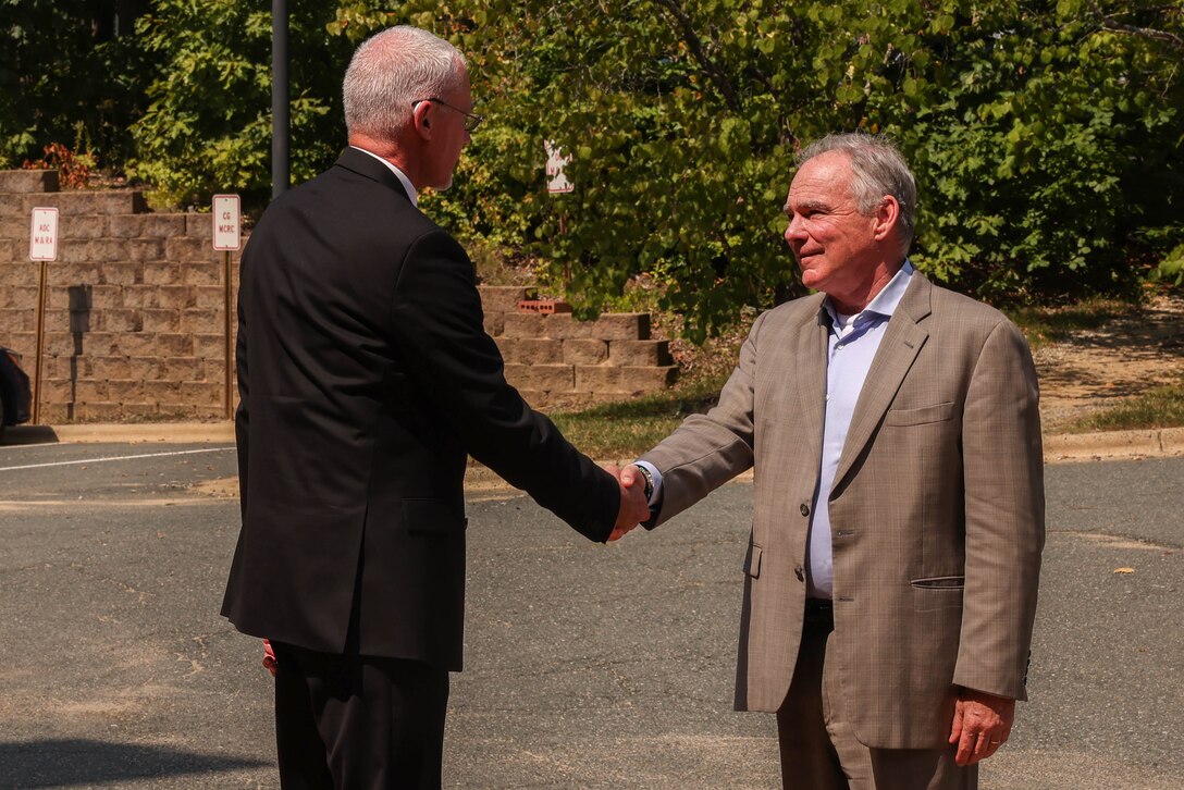 U.S. Sen. Tim Kaine, from Virginia, right, shakes hands with Dr. Michael R. Strobl, assistant deputy commandant of Manpower and Reserve Affairs, on Marine Corps Base Quantico, Virginia, Aug. 28, 2024. Kaine met with Strobl and other leadership on base, as well as educators at the Child Development Center, to discuss problems the Quantico CDCs are facing and possible improvements that could be made. (U.S. Marine Corps photo by Lance Cpl. David Brandes)