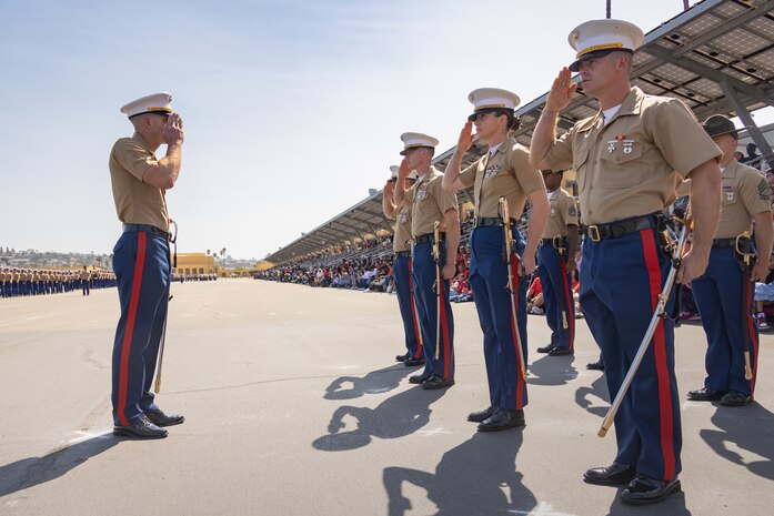 U.S. Marine Corps staff with Charlie Company, 1st Recruit Training Battalion, salutes during a graduation ceremony at Marine Corps Recruit Depot San Diego, California, Sept. 13, 2024. This ceremony marked the end of a 13-week transformation that included training in drill, marksmanship, basic combat skills, and Marine Corps customs and traditions. (U.S. Marine Corps photo by Lance Cpl. Janell B. Alvarez)