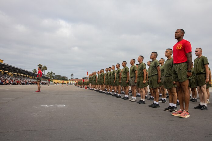 New U.S. Marines with Charlie Company, 1st Recruit Training Battalion, stand in formation before their motivational run at Marine Corps Recruit Depot San Diego, California, Sept. 12, 2024. The company motivational run is a three-mile cadence run conducted around the Depot and is the last physical training event the Marines will conduct before the graduate from MCRD San Diego. The event is also the first time friends and families will see their newly transformed Marines. (U.S Marine Corps Cpl. Sarah M. Grawcock)
