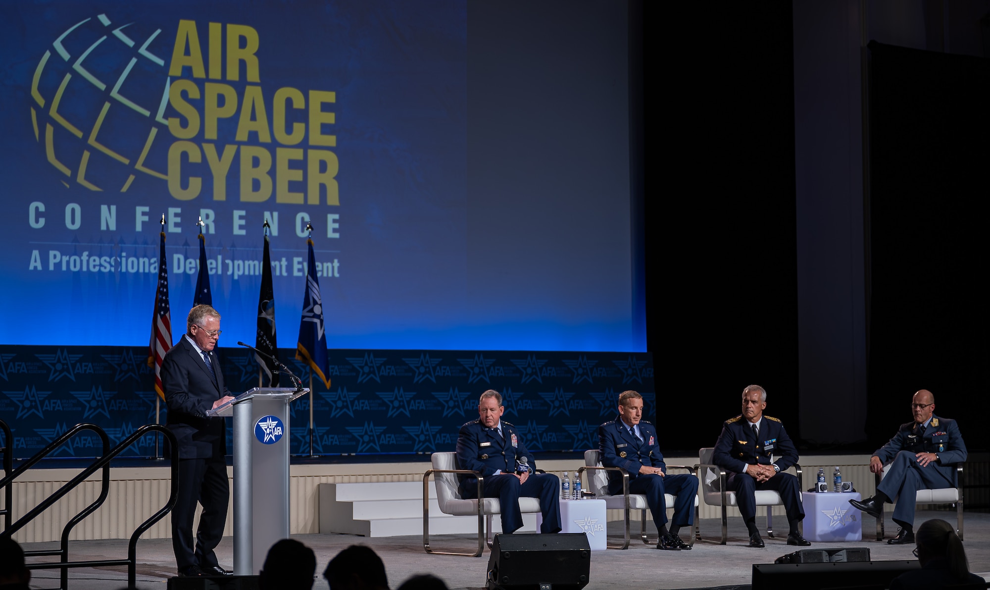 U.S. Air Forces in Europe - Air Forces Africa Commander Gen. James Hecker, Alaskan Command Commander Lt. Gen. Case Cunningham, Air Chief of the Swedish Air Force Maj. Gen. Jonas Wikman, and Chief of the Royal Norwegian Air Force Maj. Gen. Øivind Gunnerud, speak during the “Deterring Russia in the Arctic” panel at the Air and Space Forces Association’s Air, Space & Cyber Conference in National Harbor, Md., Sept. 17, 2024.