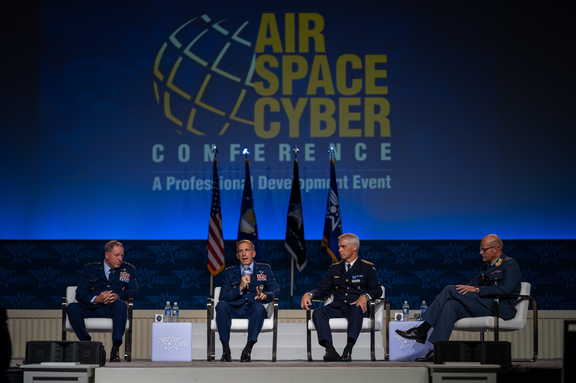 U.S. Air Forces in Europe - Air Forces Africa Commander Gen. James Hecker, Alaskan Command Commander Lt. Gen. Case Cunningham, Air Chief of the Swedish Air Force Maj. Gen. Jonas Wikman, and Chief of the Royal Norwegian Air Force Maj. Gen. Øivind Gunnerud, speak during the “Deterring Russia in the Artic” panel at the Air and Space Forces Association’s Air, Space & Cyber Conference in National Harbor, Md., Sept. 17, 2024.