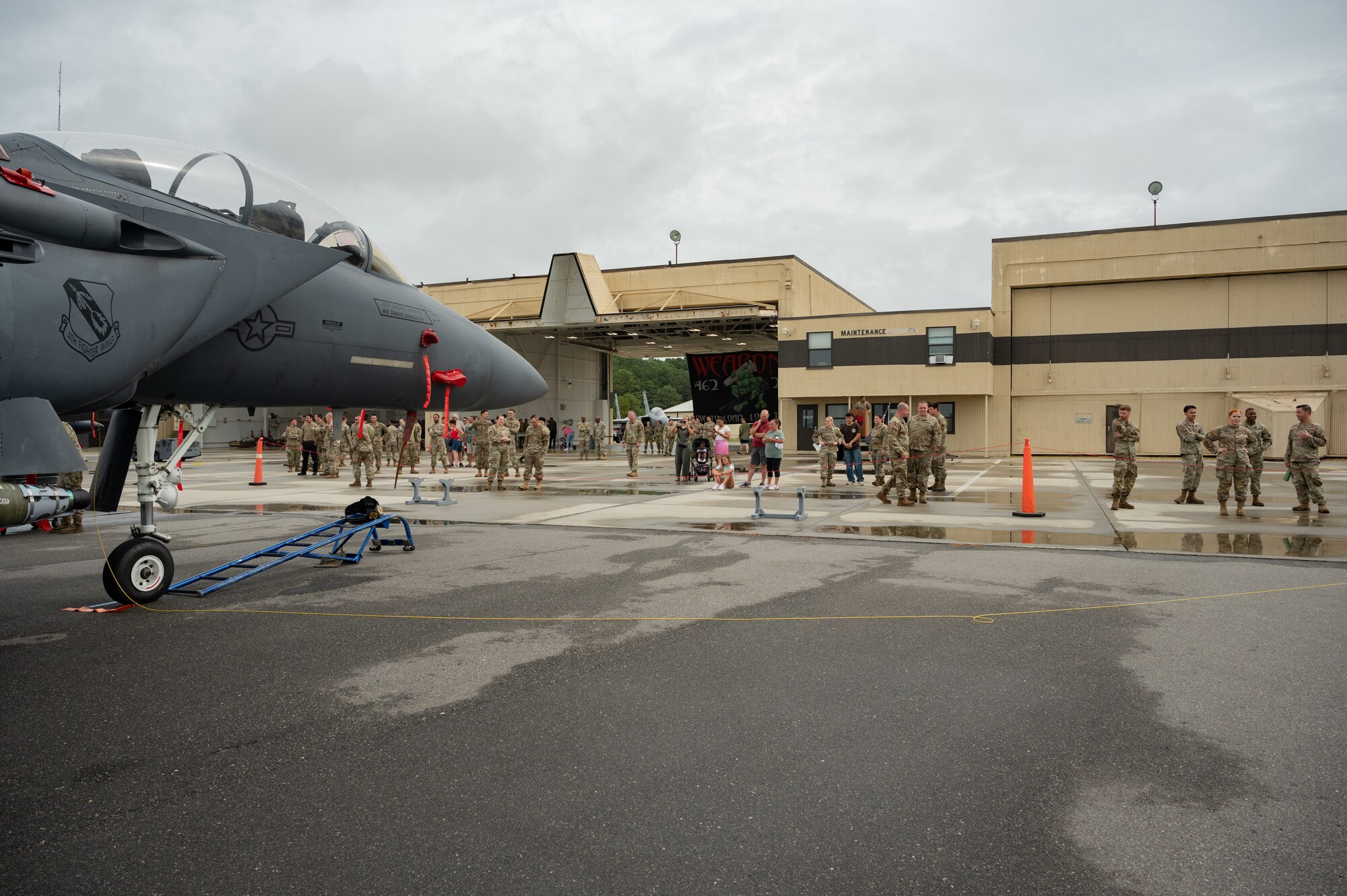 U.S. Air Force Airmen assigned to the 4th Fighter Wing attend the 2nd quarter weapons load competition at Seymour Johnson Air Force Base, North Carolina, July 31, 2024. The teams consisted of Airmen assigned to the 333rd, 334th, 335th and 336th Fighter Generations Squadrons, as well as the 414th Fighter Group. (U.S. Air Force photo by Senior Airman Rebecca Sirimarco-Lang)
