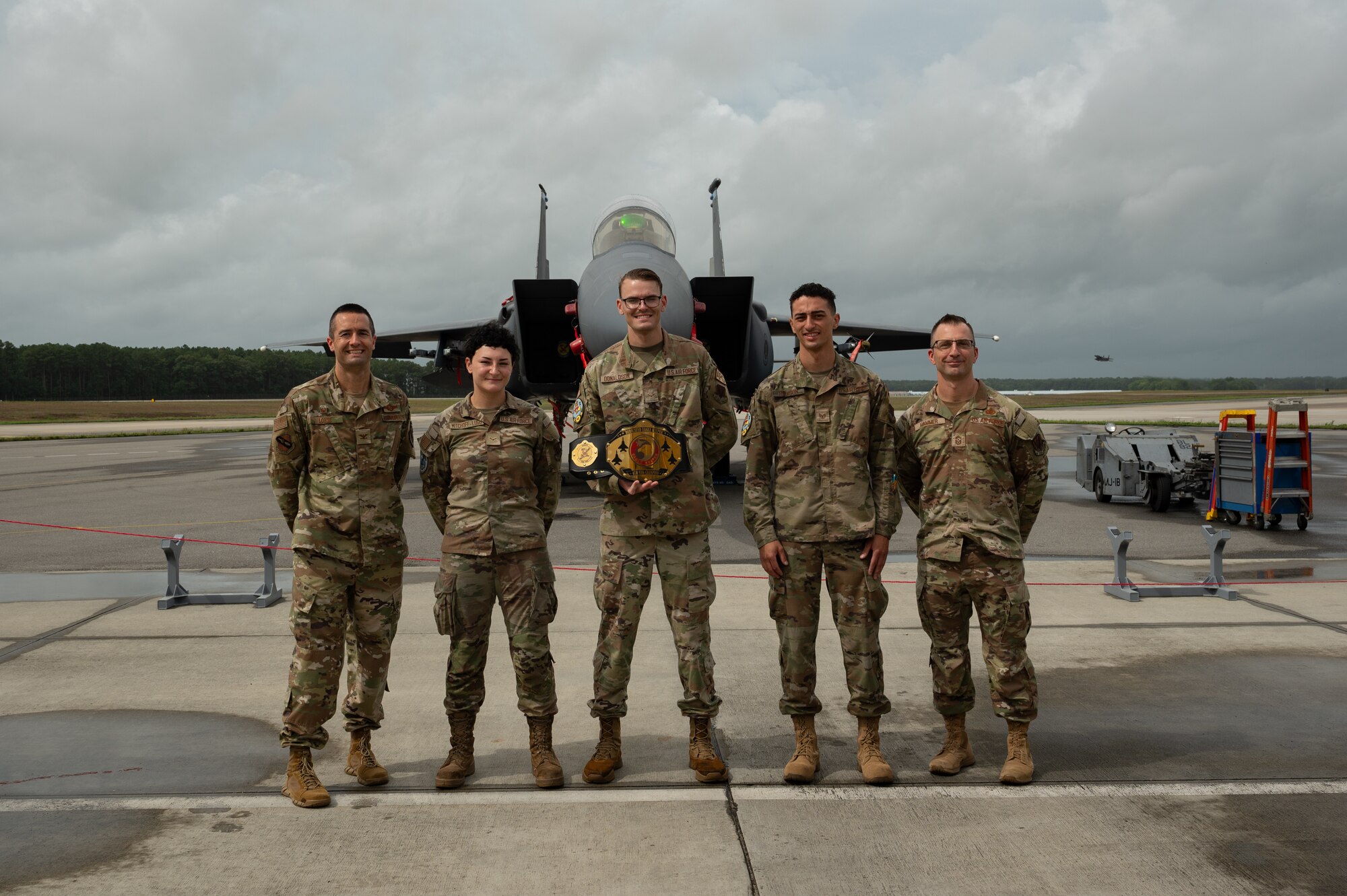 U.S. Air Force Airmen assigned to the 334th Fighter Generation Squadron pose for a photo after competing in a Dedicated Eagle Keeper competition at Seymour Johnson Air Force Base, North Carolina, July 31, 2024. The teams consisted of Airmen assigned to the 333rd, 334th, 335th and 336th Fighter Generations Squadrons, as well as the 414th Fighter Group. (U.S. Air Force photo by Senior Airman Rebecca Sirimarco-Lang)