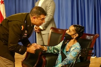 Ms. Nancy Foreman, administrative assistant, D.C. Government Operations-DCNG, retires after 56 years of service at the D.C. Armory, Sept. 13, 2024. The ceremony, officiated by Mr. Marcus Hunt, director, D.C. Govt. Ops-DCNG, included the presentation of the D.C. National Guard Meritorious Service Medal (MSM) by Maj. Gen. John C. Andonie, commanding general (Interim), D.C. National Guard, amongst other awards to include a retirement letter from Mayor Muriel Bowser for Foreman's support to military operational readiness, security and service to Washingtonians.