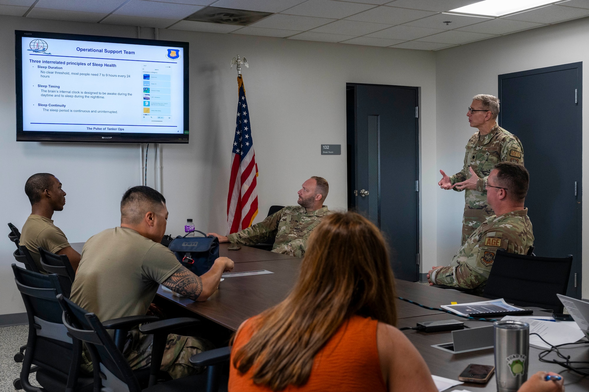 Lt. Col. Brian Everitt, 22nd Medical Group family advocacy officer, teaches a Sleep Health class at McConnell Air Force Base, Kansas, Sept. 18, 2024. The periodic health assessment data collected from Airmen has shown that sleep problems are a recurring theme. (U.S. Air Force photo by Airman 1st Class Paula Arce)