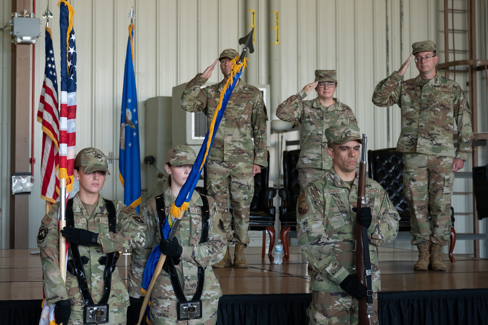 U.S. Air Force Airmen assigned to the Seymour Johnson Air Force Base Honor Guard present the colors during a change of command ceremony at Seymour Johnson Air Force Base, North Carolina, Aug. 2, 2024. A change of command is a formal ceremony where the authority and responsibility of a command are passed from one officer to another. (U.S. Air Force photo by Senior Airman Rebecca Sirimarco-Lang)