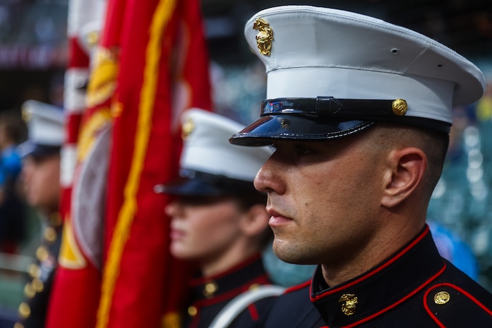 U.S. Marine Corps Sgt. Joseph Kasprzak, a production recruiter with Recruiting Sub-Station North Milwaukee, stands in formation before the opening ceremony of a Milwaukee Brewers game at American Family Field in Milwaukee, Wisc., Sept. 16, 2024. Marines from Recruiting Station Milwaukee were invited by the Brewers to present the national ensign and organizational colors during the opening ceremony of a game against the Philadelphia Phillies. (U.S. Marine Corps photo by Cpl. Maxwell Cook)