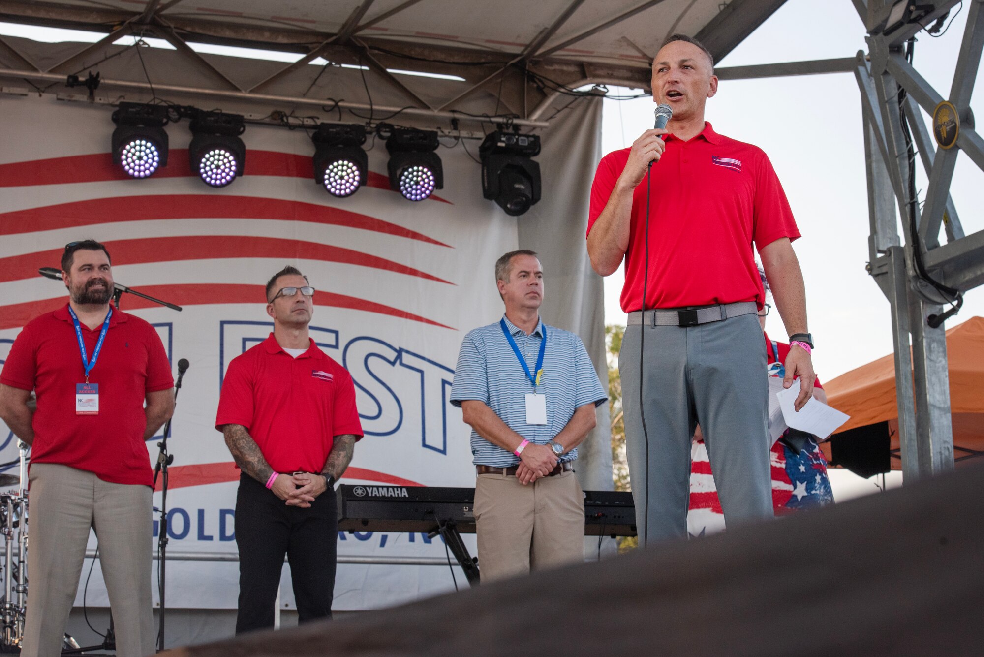 Col. Steven Bofferding, 4th FW deputy commander, talks to an audience during the NC Freedom Fest 2024.
