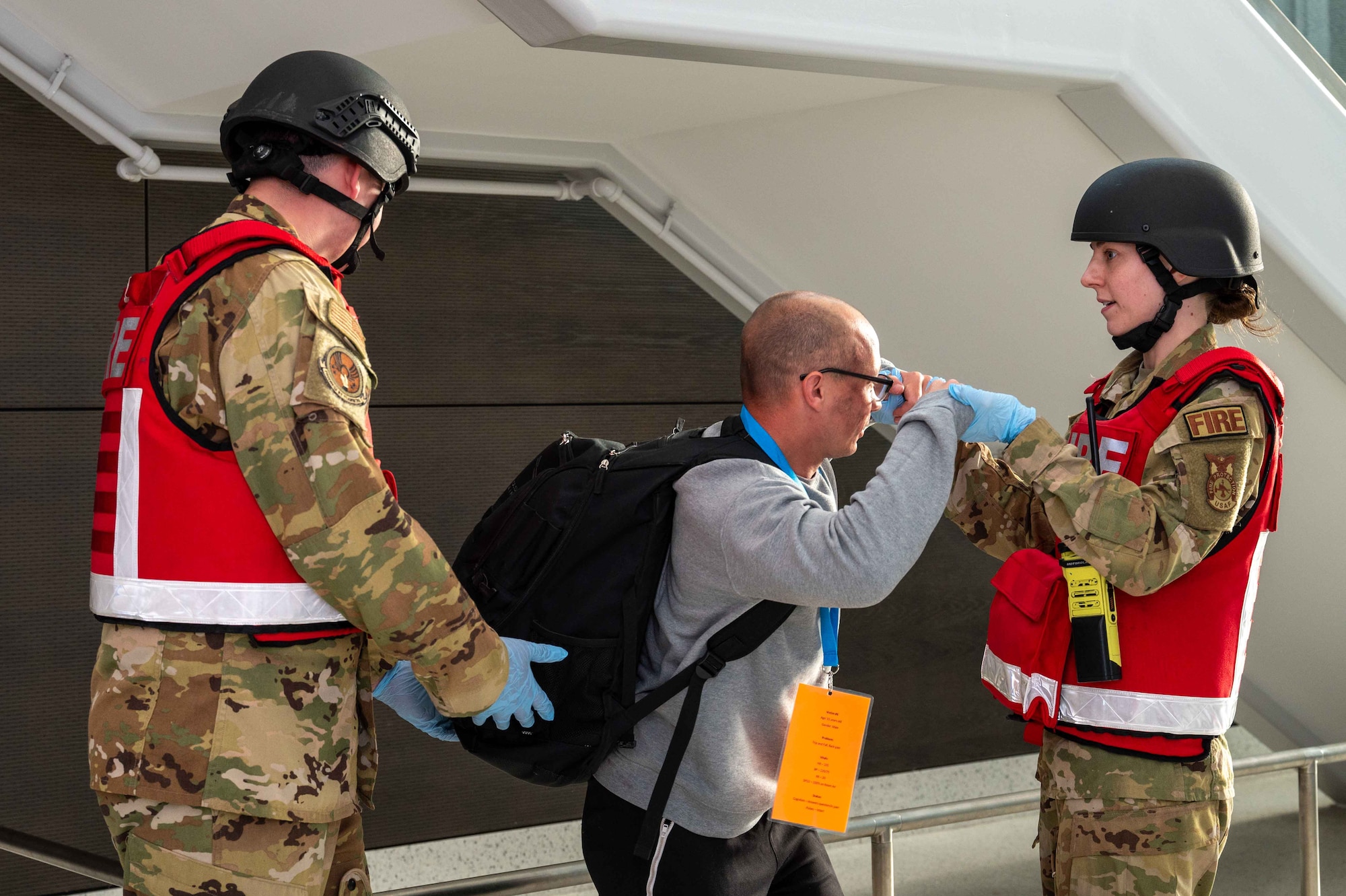 U.S. Air Force Airmen assigned to the 4th Civil Engineer Squadron participate in an active shooter exercise at Seymour Johnson Air Force Base, North Carolina, Sept. 4, 2024. This exercise allows for different agencies across base to maintain preparedness in the event of a real-world scenario. (U.S. Air Force photo by Airman 1st Class Rebecca Tierney)