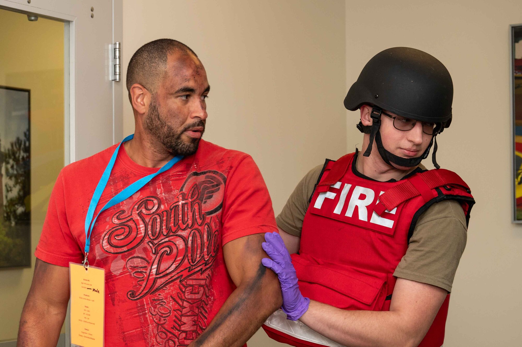 U.S. Air Force Airmen assigned to the 4th Civil Engineer Squadron participate in an active shooter exercise at Seymour Johnson Air Force Base, North Carolina, Sept. 4, 2024. This exercise allows for different agencies across base to maintain preparedness in the event of a real-world scenario. (U.S. Air Force photo by Airman 1st Class Rebecca Tierney)