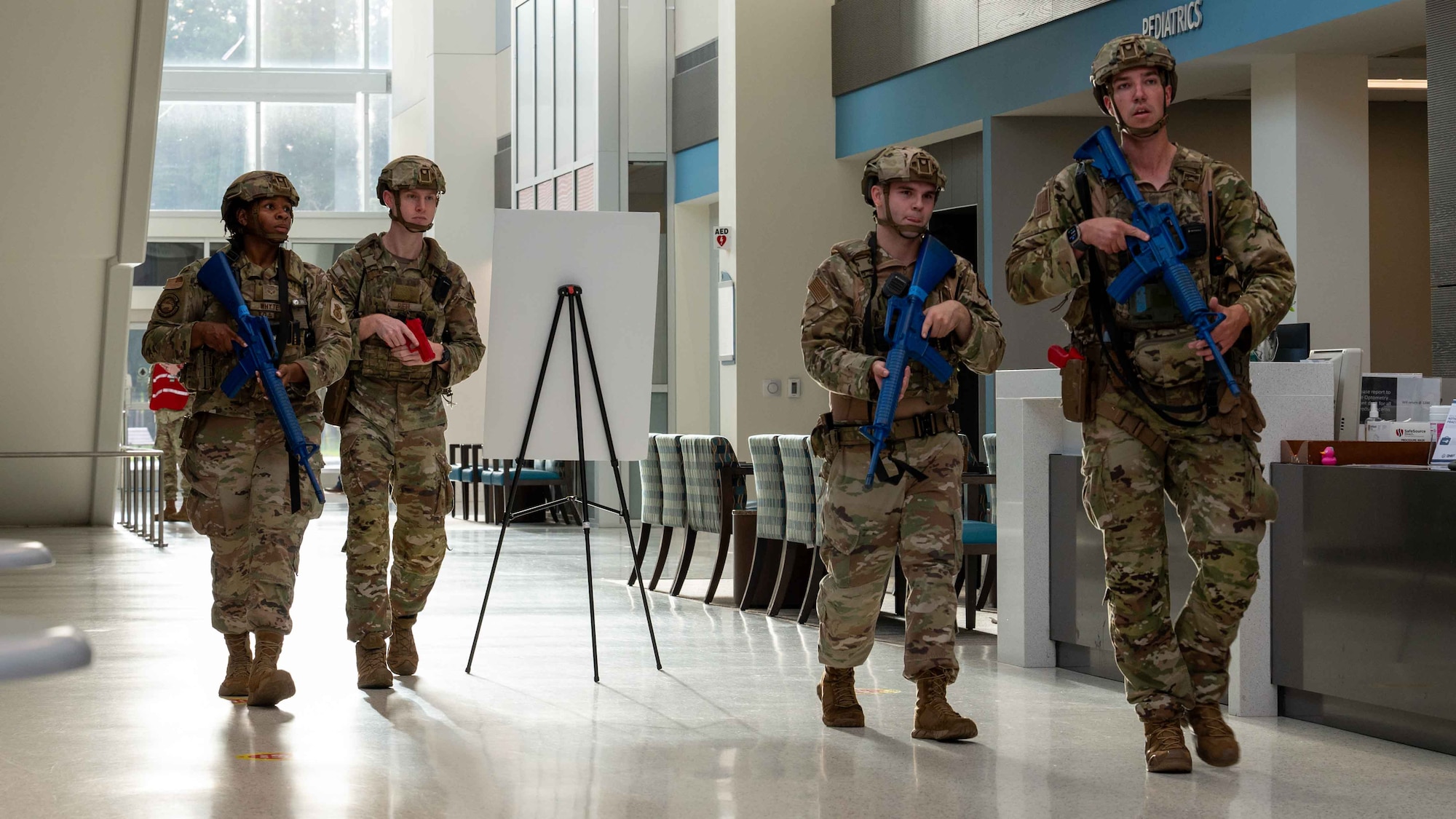 U.S. Airmen assigned to the 4th Security Forces Squadron respond to an active shooter exercise at Seymour Johnson Air Force Base, N.C., Sept. 4, 2024. This exercise allows for different agencies across base to maintain preparedness in the event of a real-world scenario. (U.S. Air Force photo by Airman 1st Class Rebecca Tierney)