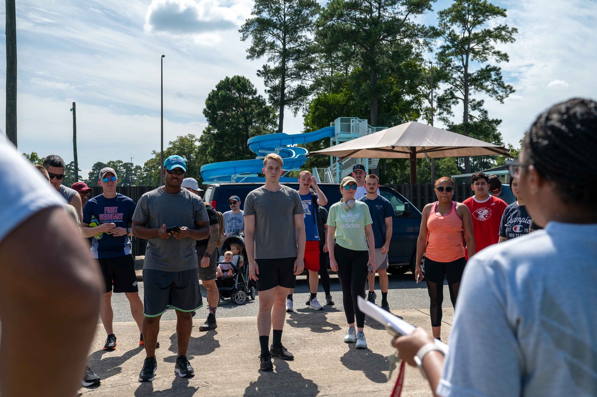 U.S. Air Force Airmen and personnel assigned to the 4th Fighter Wing participate in a 9/11 memorial run at Seymour Johnson Air Force Base, North Carolina, Sept. 11, 2024. The memorial run was held to honor and remember the first responders and those who lost their lives on Sept. 11, 2001. (U.S. Air Force photo by Airman 1st Class Rebecca Tierney)