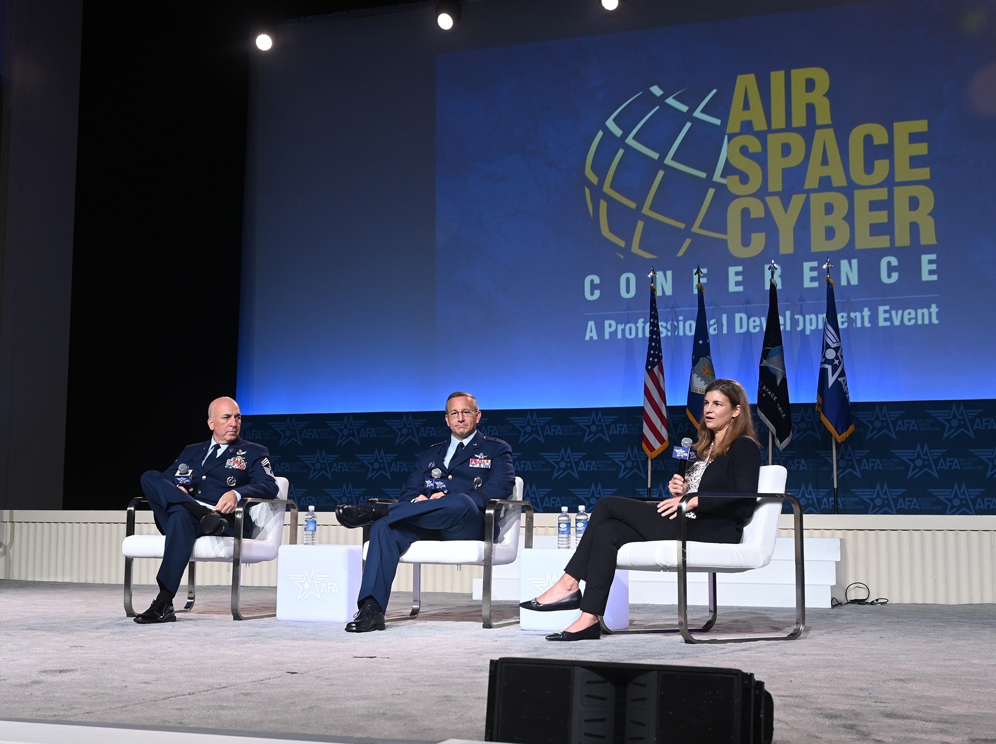 Senior Advisor to the Chief Master Sergeant of the Space Force CMSgt Todd Scott, Mobilization Assistant to the Deputy Chief of Space Operations for Operations Brig. Gen. Nathan Yates and Deputy Chief of Space Operations for Human Capital Katharine Kelley take part in a panel discussion at the Air and Space Forces Association’s Air, Space & Cyber Conference, National Harbor, Md., Sept 18, 2024. The technology exposition brings together Air Force leadership, industry experts and academia as well as aerospace and cyberspace specialists from around the world to discuss the issues and challenges facing America today.(U.S. Air Force photo by Andy Morataya)