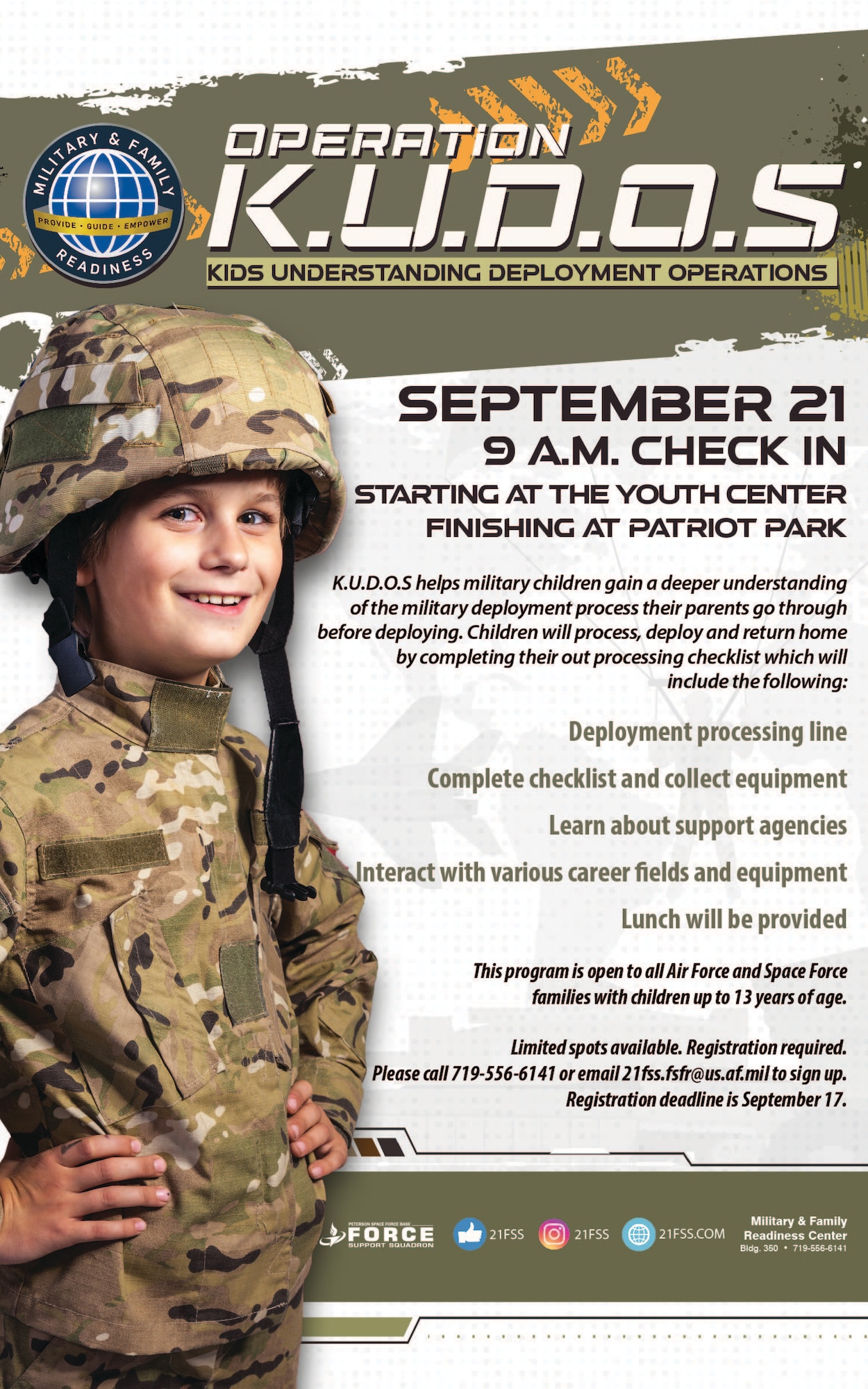 Graphic for Operation KUDOS, has a child wearing a uniform while looking toward the viewer. It holds key information about date, time, and location of the event.