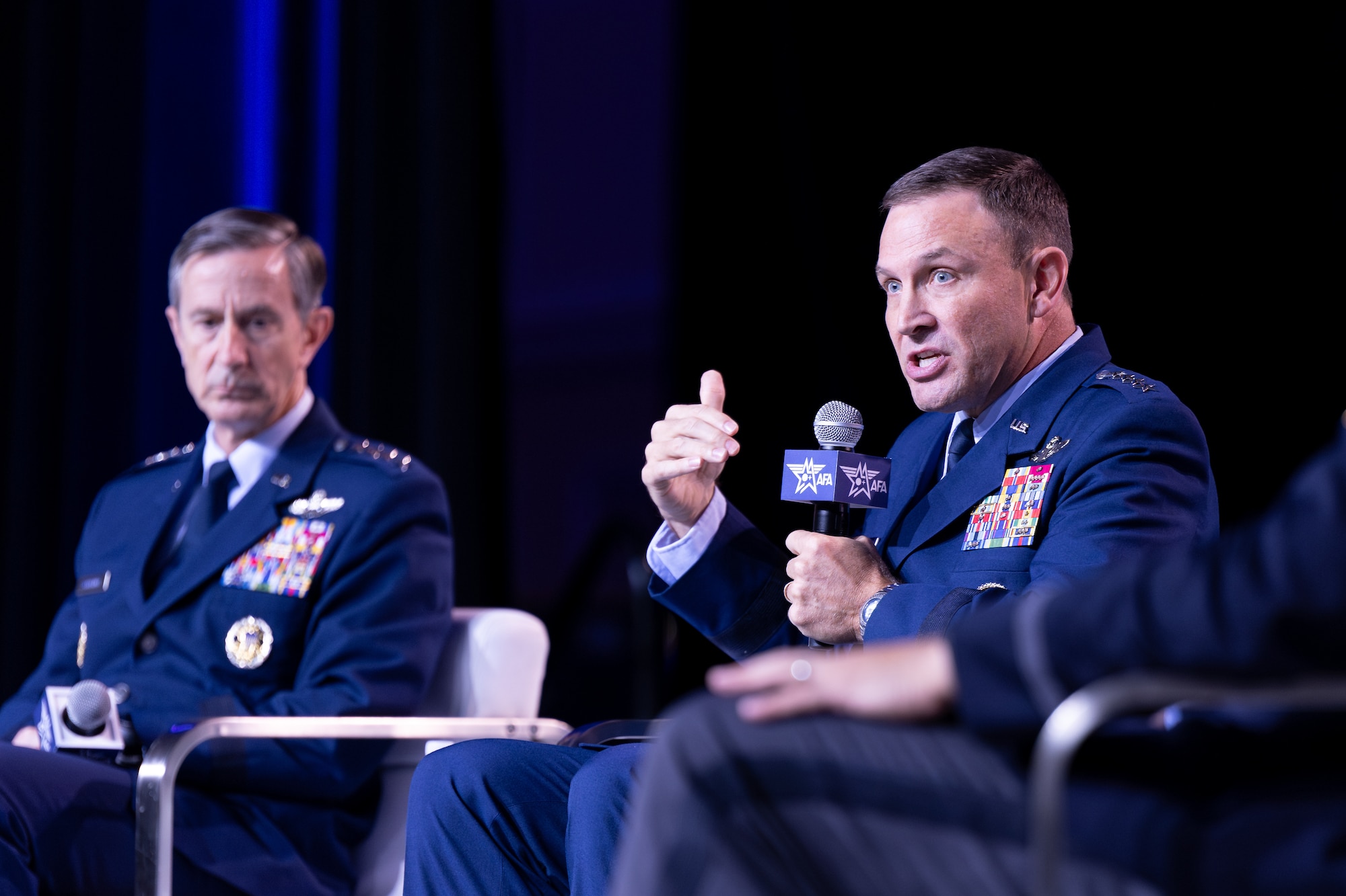 Gen. Johnny Lamontagne, Air Mobility Command commander, speaks during the Air, Space, and Cyber Conference Sept. 18, 2024, in National Harbor, Maryland. Lamontagne spoke on the topic of exercising for Great Power Competition along side fellow panelists Gen. Kevin Schneider, Lt. Gen. David Miller, and Lt. Gen. John Healy. (U.S. Air Force photo by Chris Bishop)
