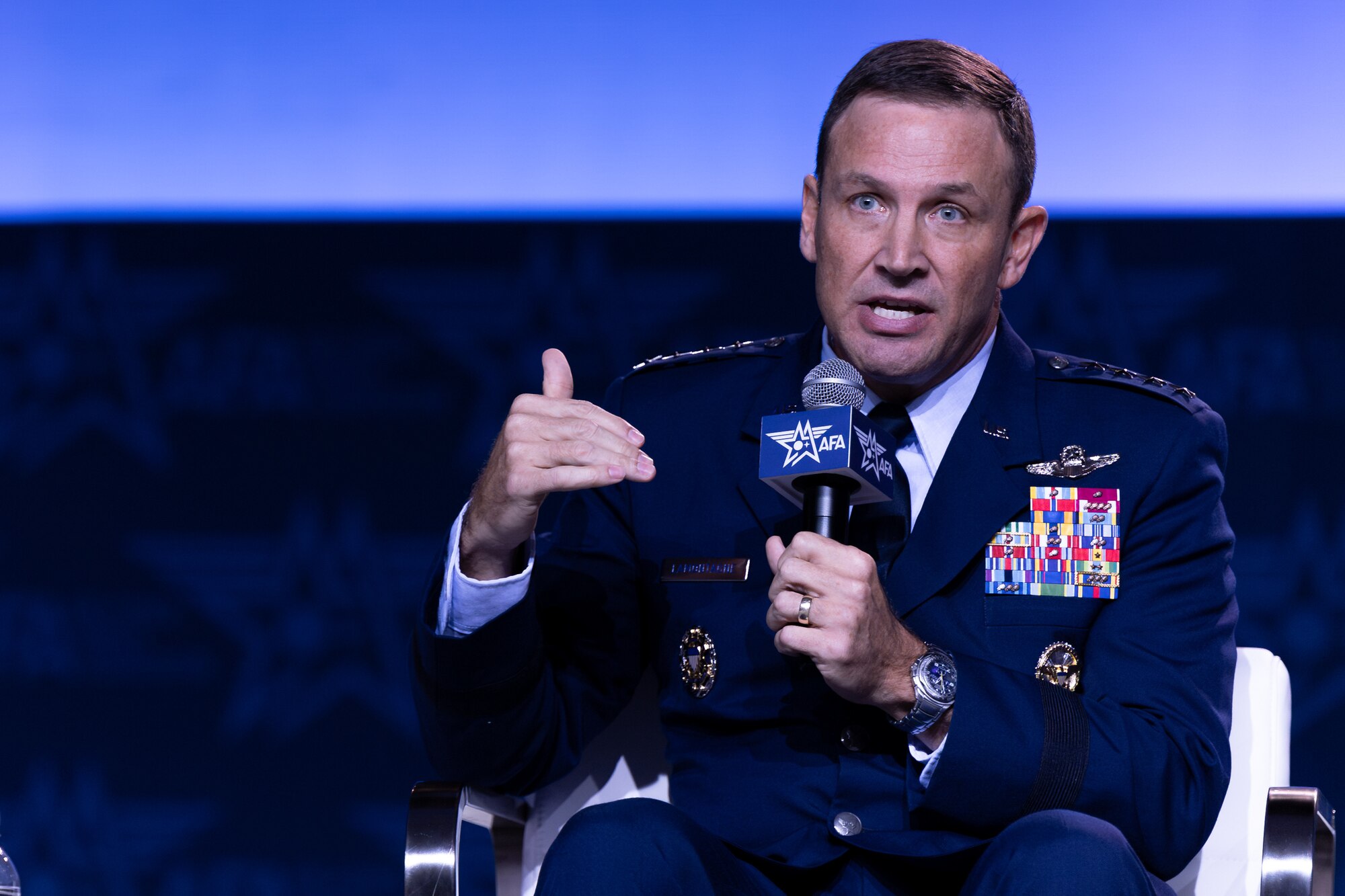 Gen. Johnny Lamontagne, Air Mobility Command commander, speaks during the Air, Space, and Cyber Conference Sept. 18, 2024, in National Harbor, Maryland. Lamontagne spoke on the topic of exercising for Great Power Competition along side fellow panelists Gen. Kevin Schneider, Lt. Gen. David Miller, and Lt. Gen. John Healy. (U.S. Air Force photo by Chris Bishop)