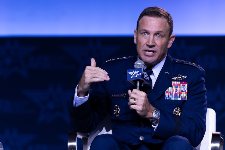 Gen. Johnny Lamontagne, Air Mobility Command commander, speaks during the Air, Space, and Cyber Conference Sept. 18, 2024, in National Harbor, Maryland. Lamontagne spoke on the topic of exercising for Great Power Competition along side fellow panelists Gen. Kevin Schneider, Lt. Gen. David Miller, and Lt. Gen. John Healy. (U.S. Air Force photo by Chris Bishop)