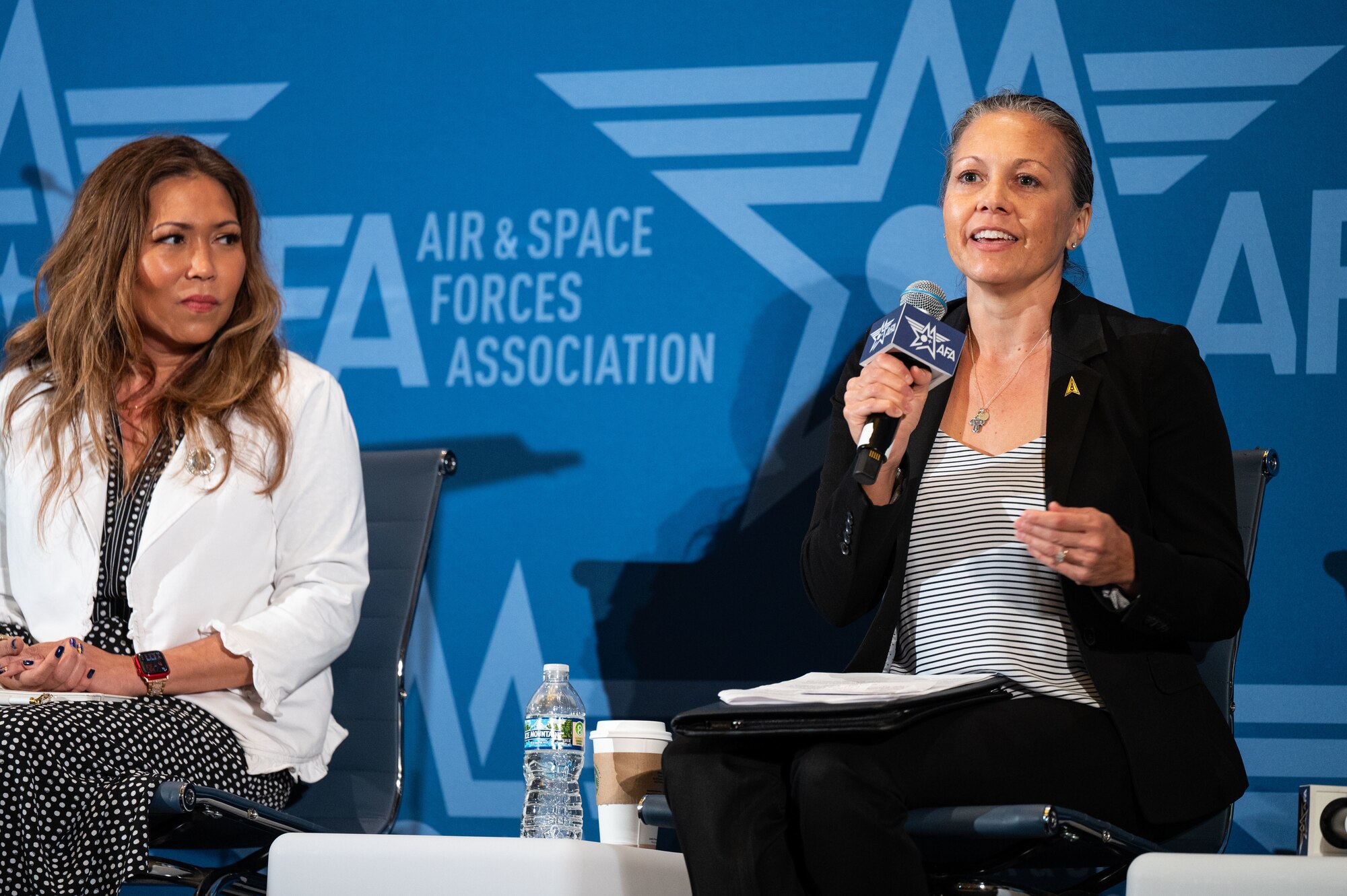 Jessica Norsky, right, Key Support Liaison Mentor, Space Delta 1, speaks during the panel “United Forces and Families: Shaping the Guardian Experience” at the Air and Space Forces Association's Air, Space and Cyber Conference in National Harbor, Md., Sept. 16, 2024.