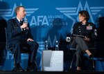 U.S. Space Force Brig. Gen. Matthew Cantore, left, the deputy commander of Space Training and Readiness Command, and Chief Master Sgt. Karmann-Monique Pogue, the senior enlisted leader of STARCOM, speak during the panel “Guardian Development: Officer, Enlisted, and Civilians” at the Air and Space Forces Association's Air, Space and Cyber Conference.