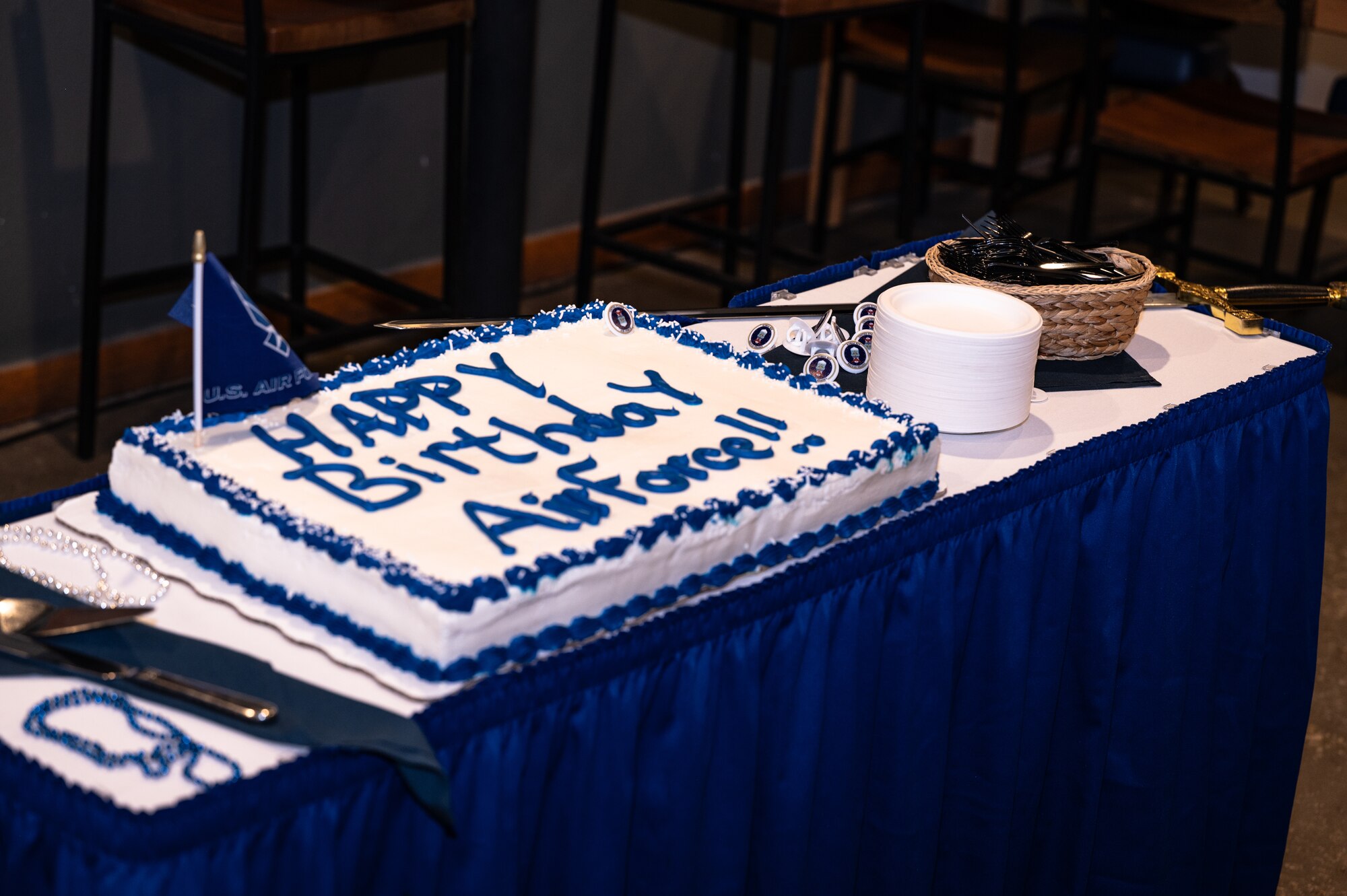 The cake at the SBD 1 Air Force Birthday celebration awaits the end of the ceremony before it is enjoyed at the Hub on Peterson Space Force Base, Colorado, Sept. 18, 2024.