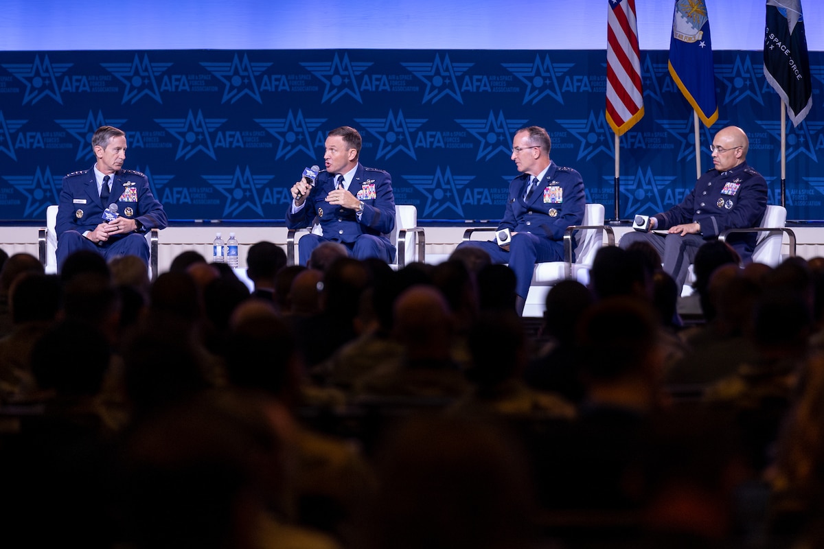 Gen. Johnny Lamontagne, Air Mobility Command commander, speaks during the Air, Space, and Cyber Conference Sept. 18, 2024, in National Harbor, Maryland. Lamontagne spoke on the topic of exercising for Great Power Competition along side fellow panelists Gen. Kevin Schneider, Lt. Gen. David Miller, and Lt. Gen. John Healy. (U.S. Air Force photo by Chris Bishop)