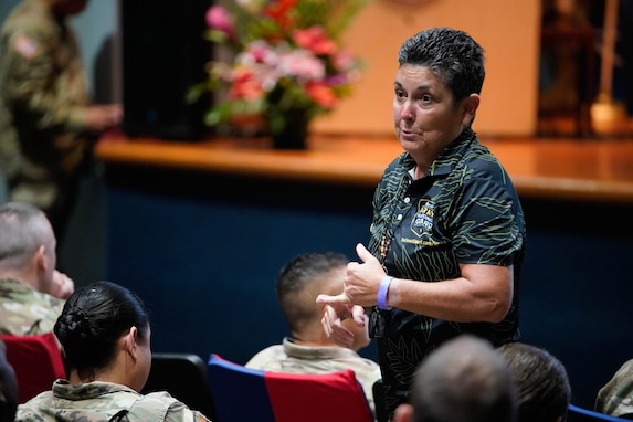 Hawaii Army National Guard Col. Pam Ellison, a certified gender advisor, speaks to the audience during the Women, Peace and Security (WPS) presentation at the Hawaii National Guard Joint Commander’s Conference at the Guard’s Regional Training Institute, Waimanalo, Hawaii, Sept. 13, 2024.