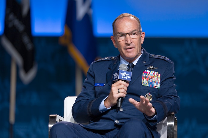 Lt. Gen. John P. Healy, chief of Air Force Reserve and commander of Air Force Reserve Command answers a question during the Exercising for Great Power Competition panel at the Air and Space Force’s Air, Space and Cyber Conference at the Gaylord National Resort and Convention Center, National Harbor, Maryland on Sept 18, 2024. (U.S. Air Force Photo by Tech. Sgt. Brent Skeen)
