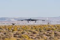 A B-21 Raider conducts flight testing, which includes ground testing, taxiing, and flying operations, at Edwards Air Force Base, California. The B-21 will be the backbone of the service’s future bomber force, and will possess the range, access and payload to penetrate the most highly-contested threat environments and hold any target around the globe at risk. The bomber platform is being developed through the Department of the Air Force Rapid Capabilities Office, which utilizes streamlined methods to develop, produce and field critical combat capabilities. (Courtesy photo)